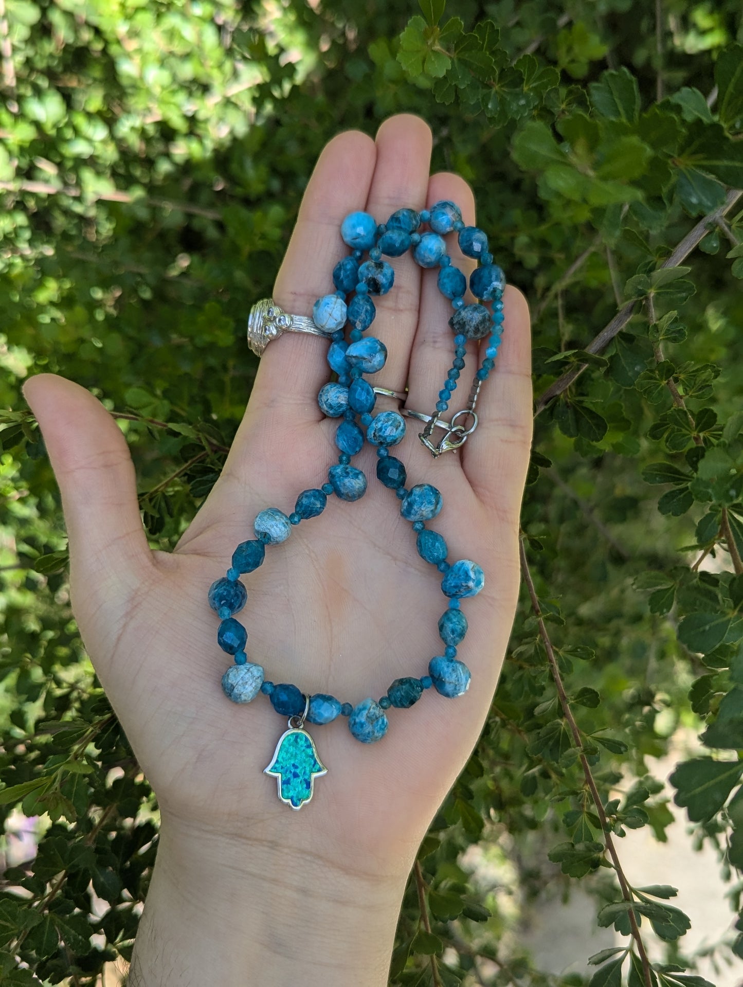 Apatite Gemstones Necklace with Blue Opal Styled Hamsa
