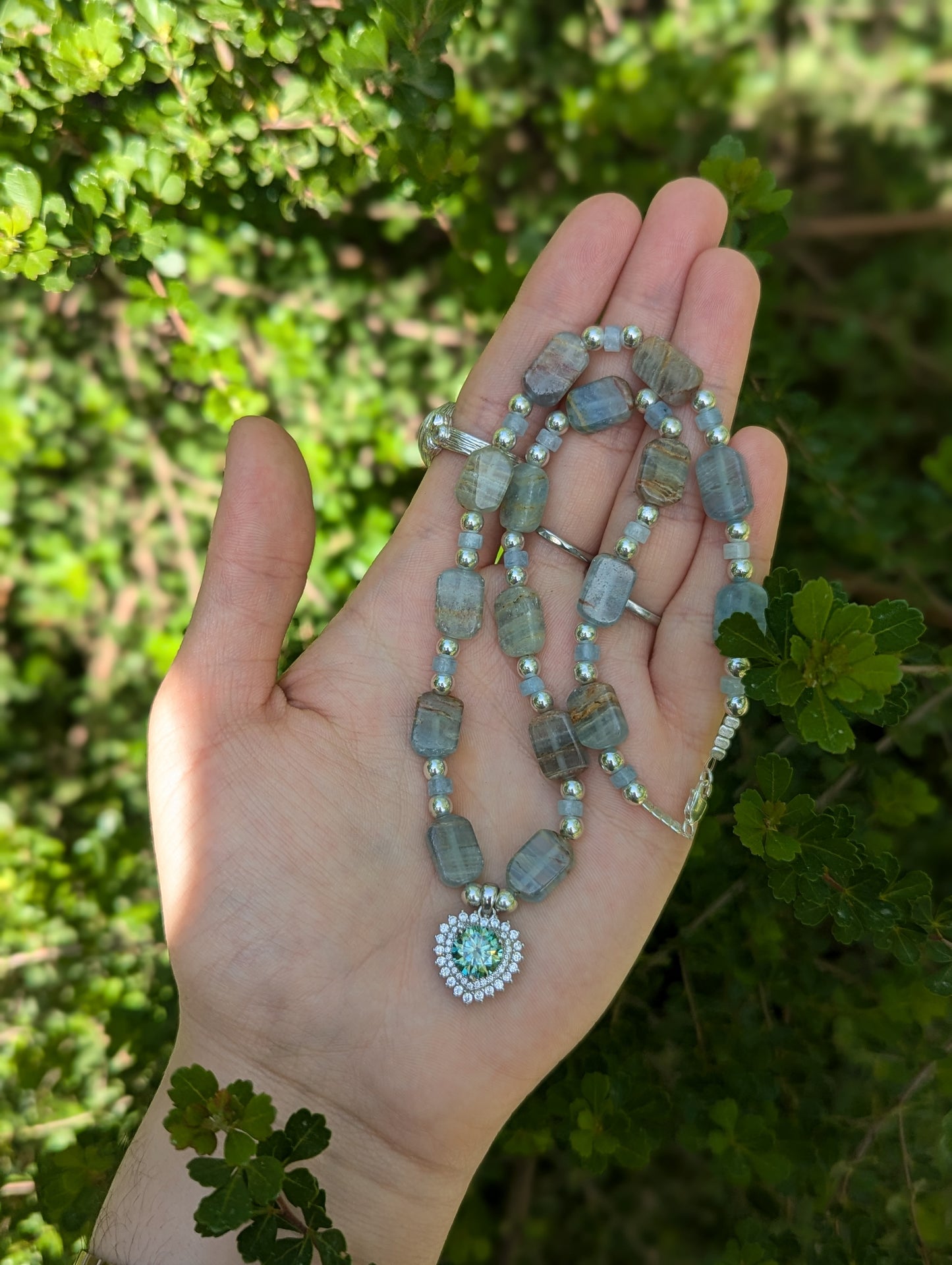 Moissanite Sterling Silver Green Blue Heart and Aquamarine Gemstones