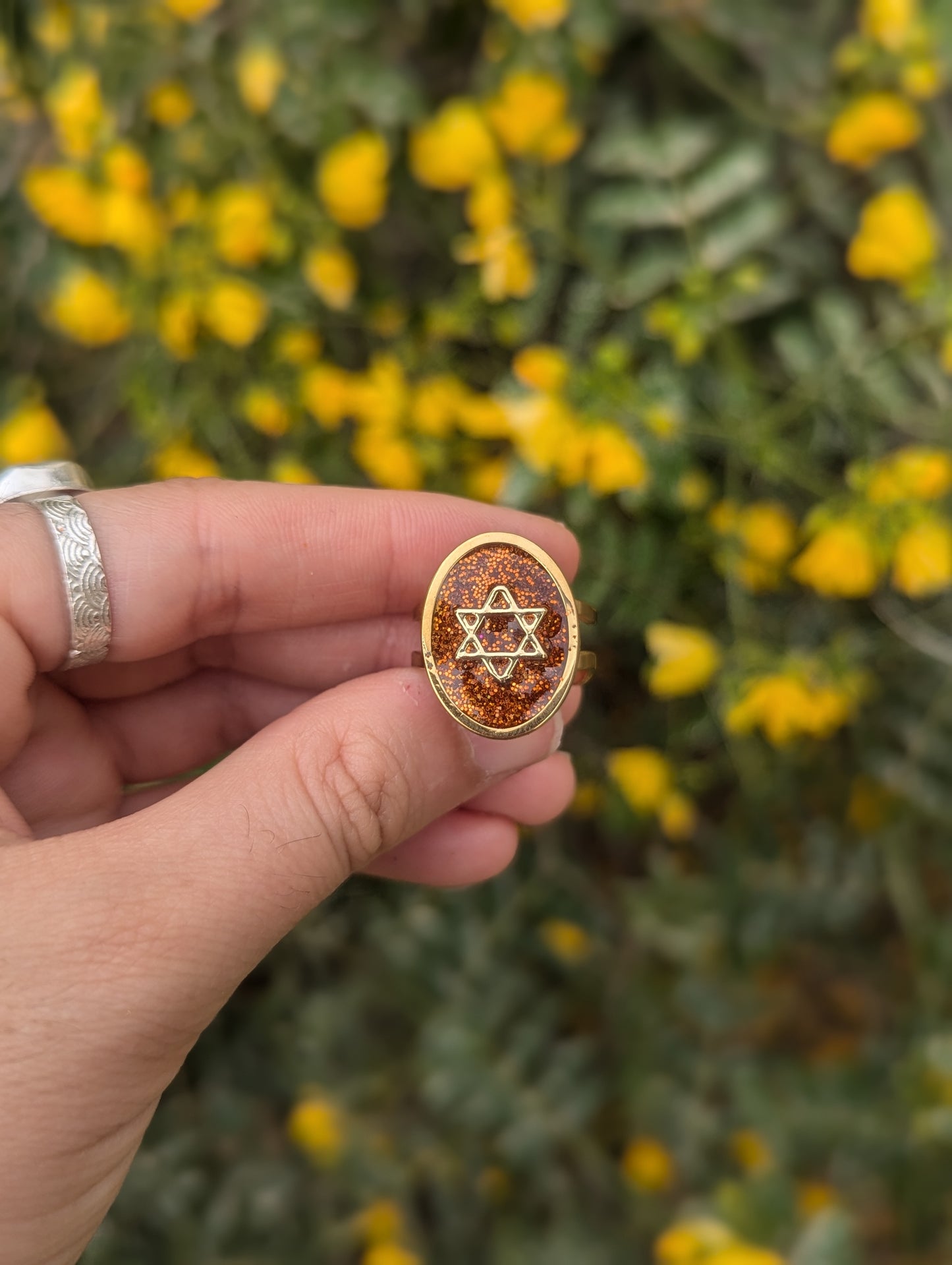 Orange Gold Magen David Adjustable Resin Stainless Steel Ring