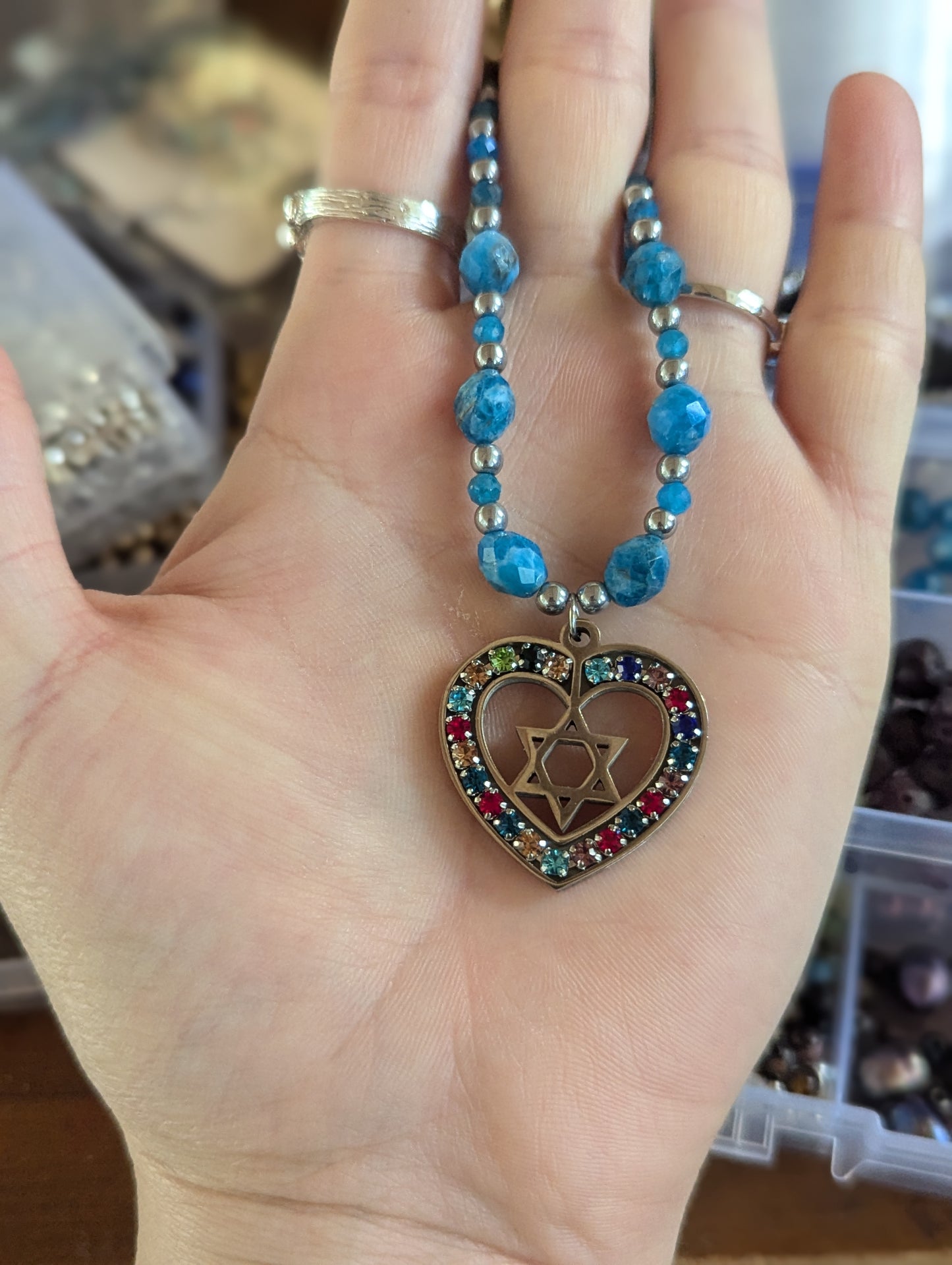 Colorful Heart Star of David with Blue Apatite