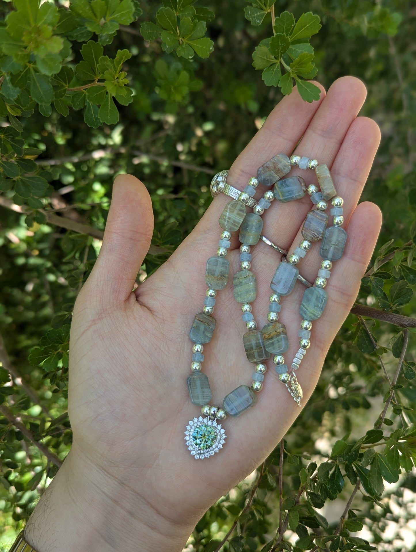 Moissanite Sterling Silver Green Blue Heart and Aquamarine Gemstones