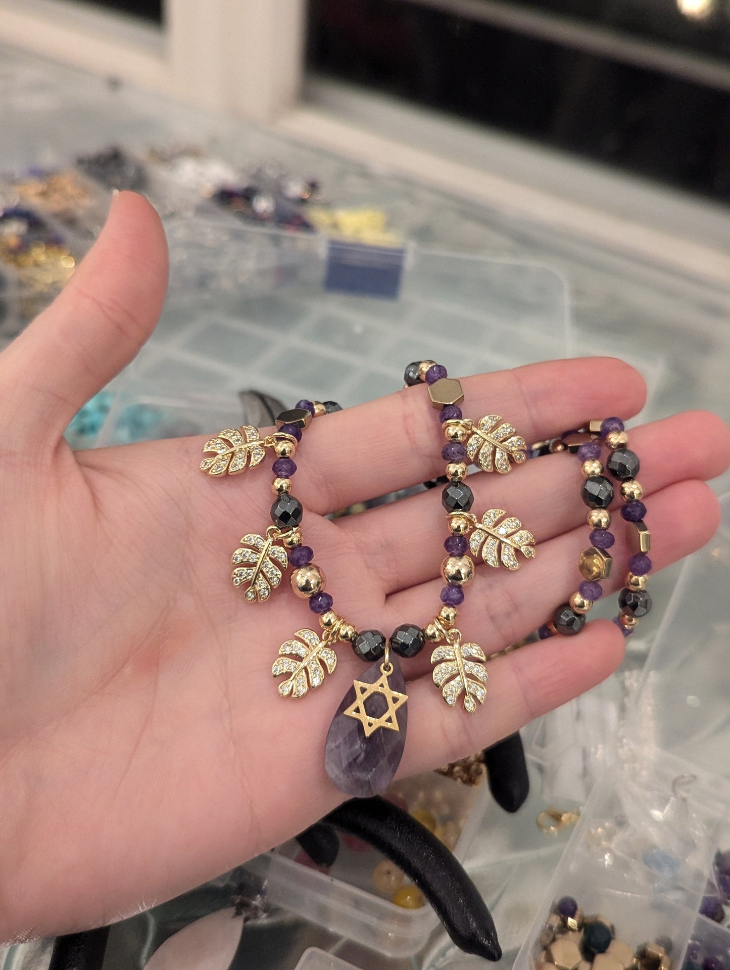 Amethyst, Gold Plated Zirconia Leaves Handmade Star of David Necklace