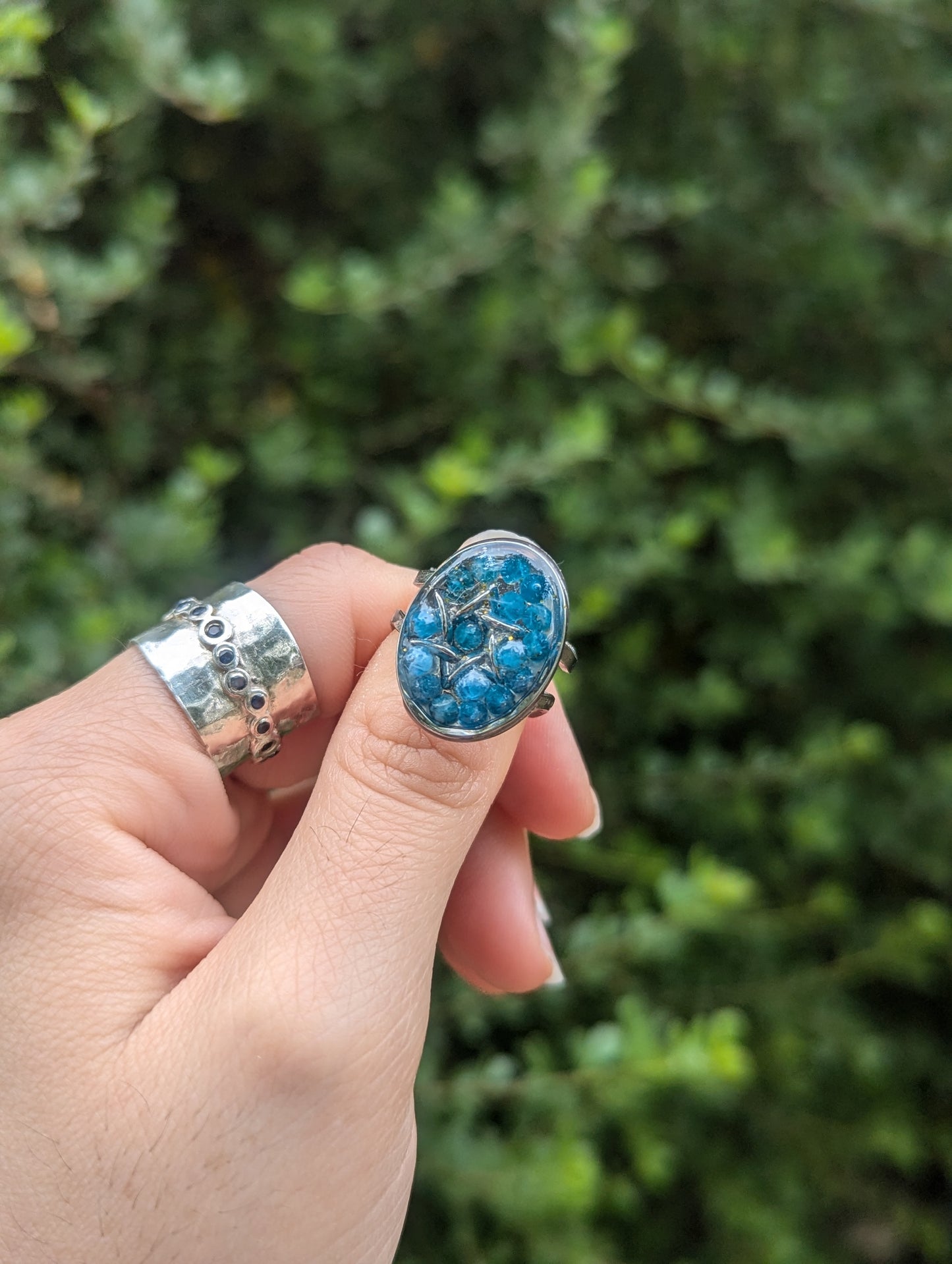 Sterling Silver Magen David, Stainless Steel Ring with Apatite Blue Gemstones