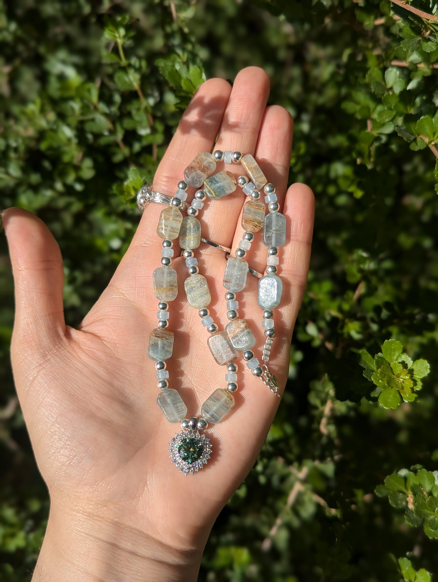 Moissanite Sterling Silver Green Blue Heart and Aquamarine Gemstones