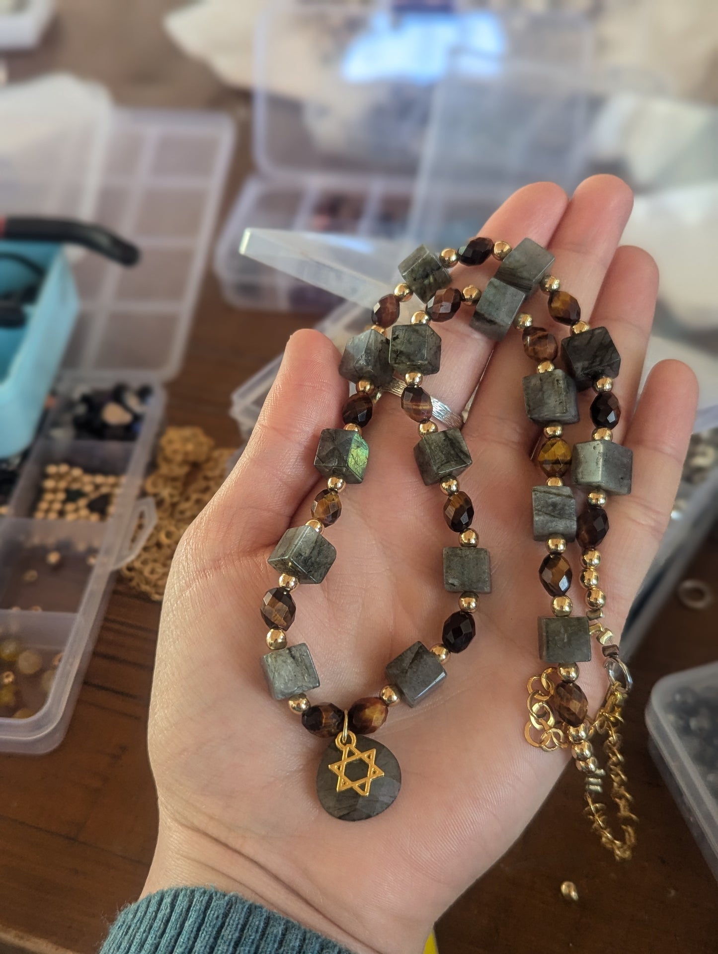 Labradorite Cubes and Tiger's Eye Star of David Necklace