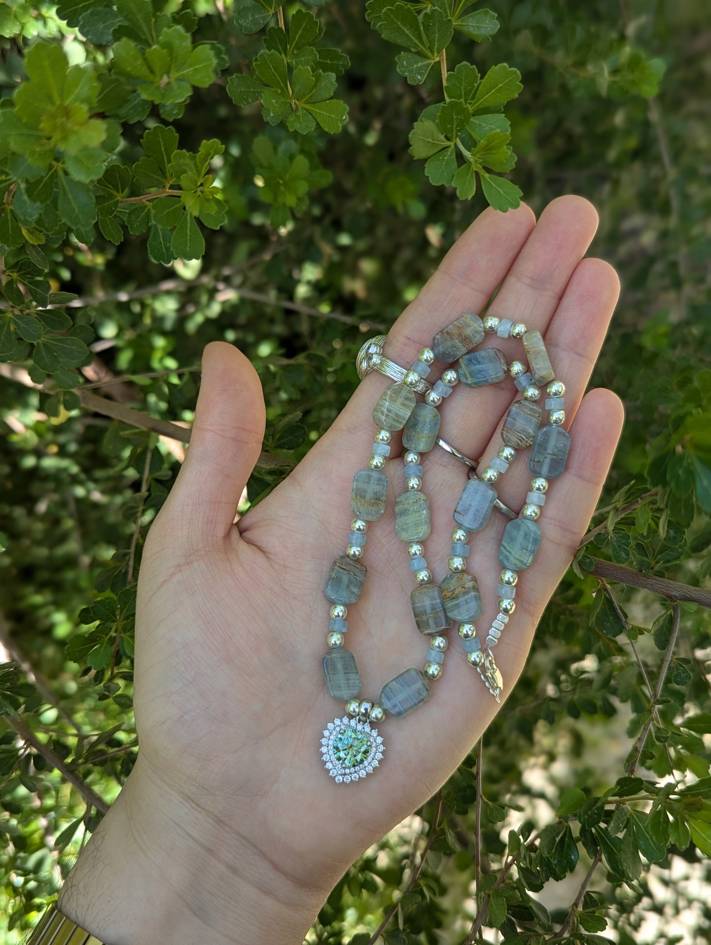 Moissanite Sterling Silver Green Blue Heart and Aquamarine Gemstones