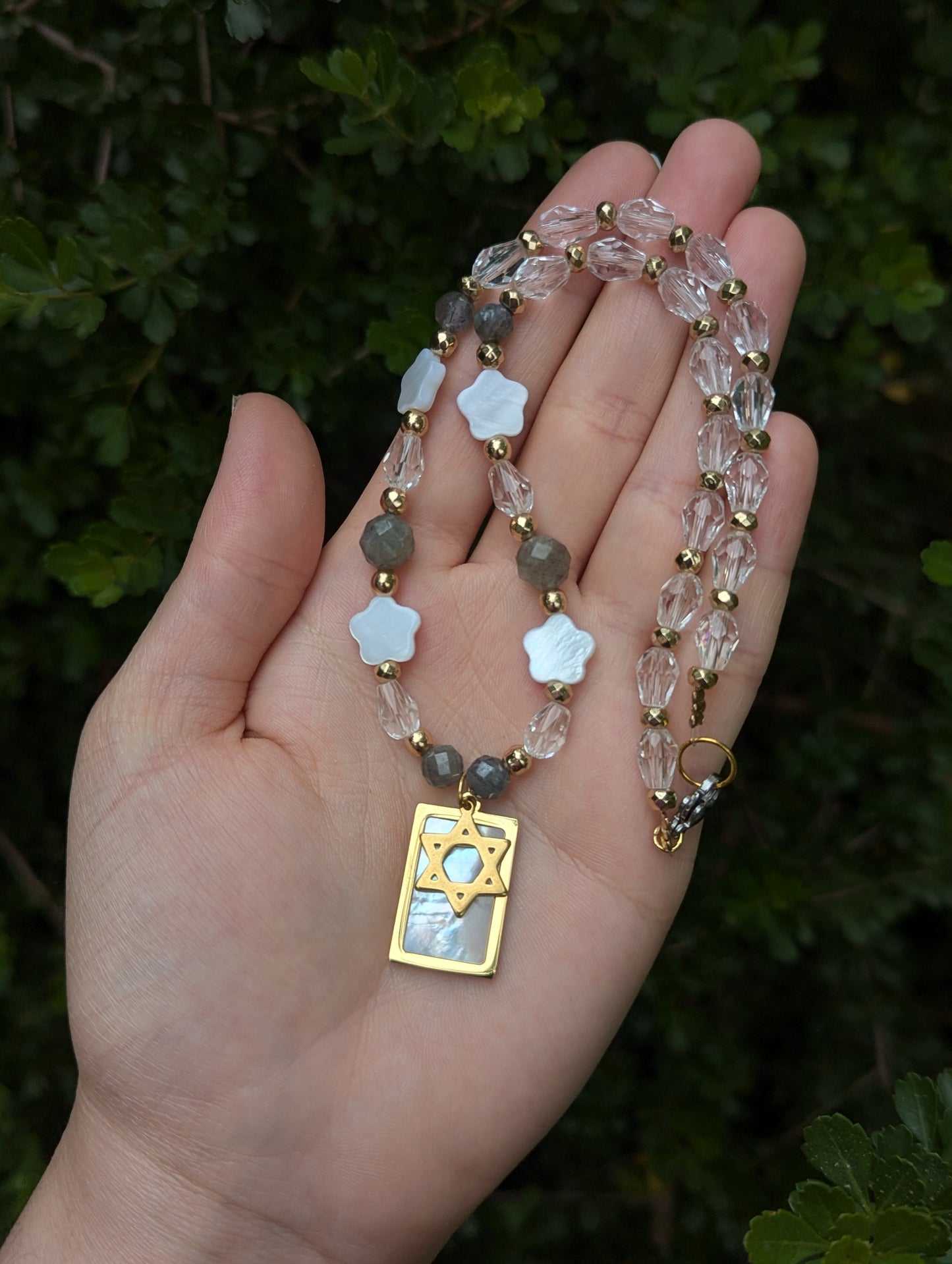 Mother of Shell Gold Plated Pendant and Flower Beads, Magen David, Labradorite Gemstones and Glass Drop Beaded Necklace
