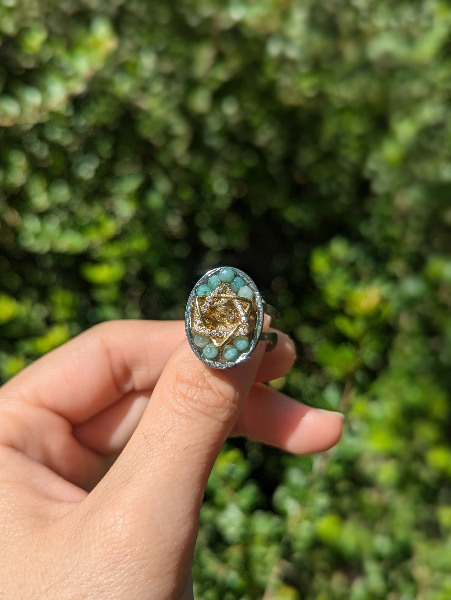 Zirconia Golden Magen David Amazonite and Israeli Sand Adjustable Ring