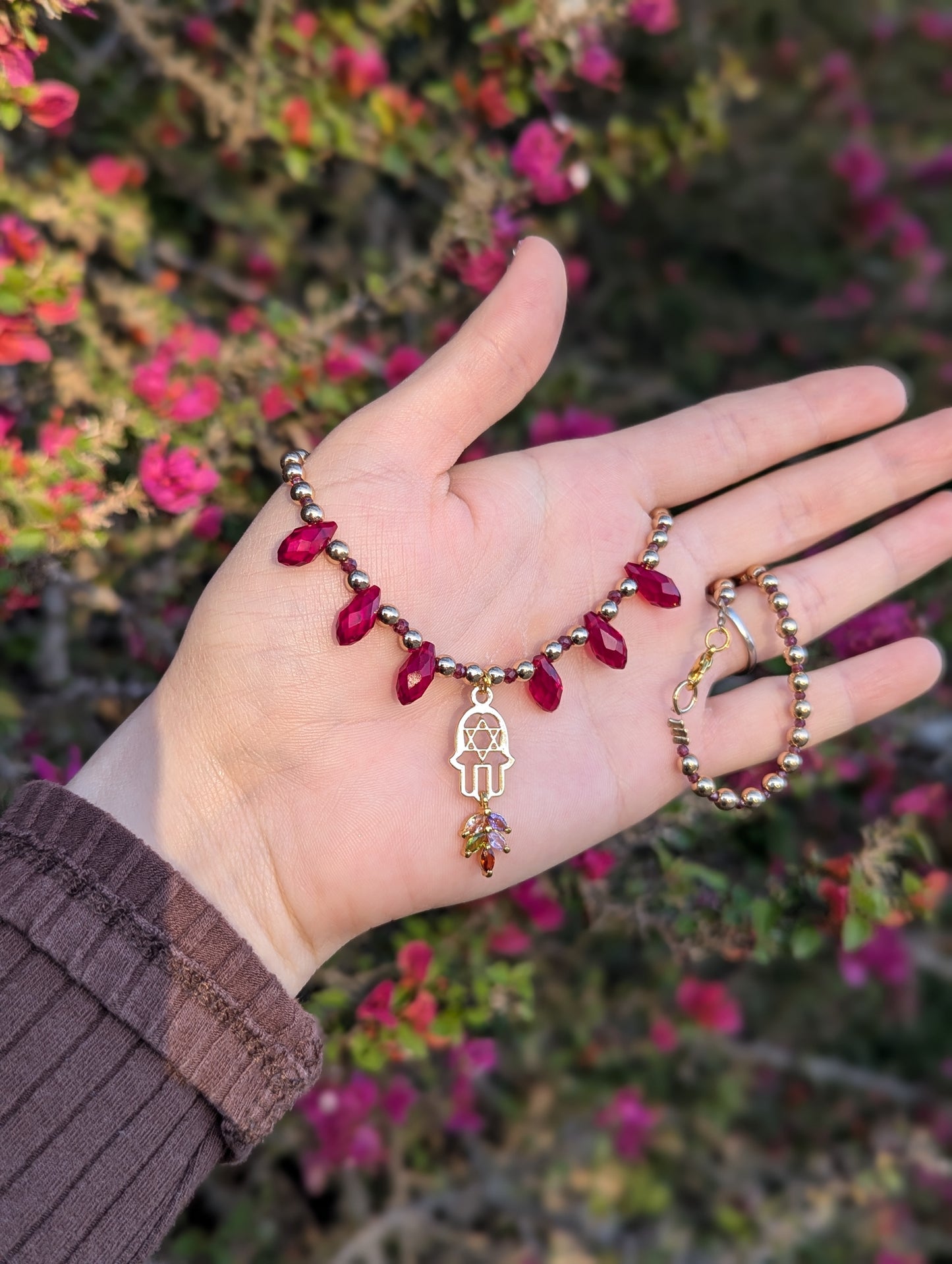 Garnet Gemstones, Hamsa Magen David, Red Drops and Multicoloured Zirconia Leaf