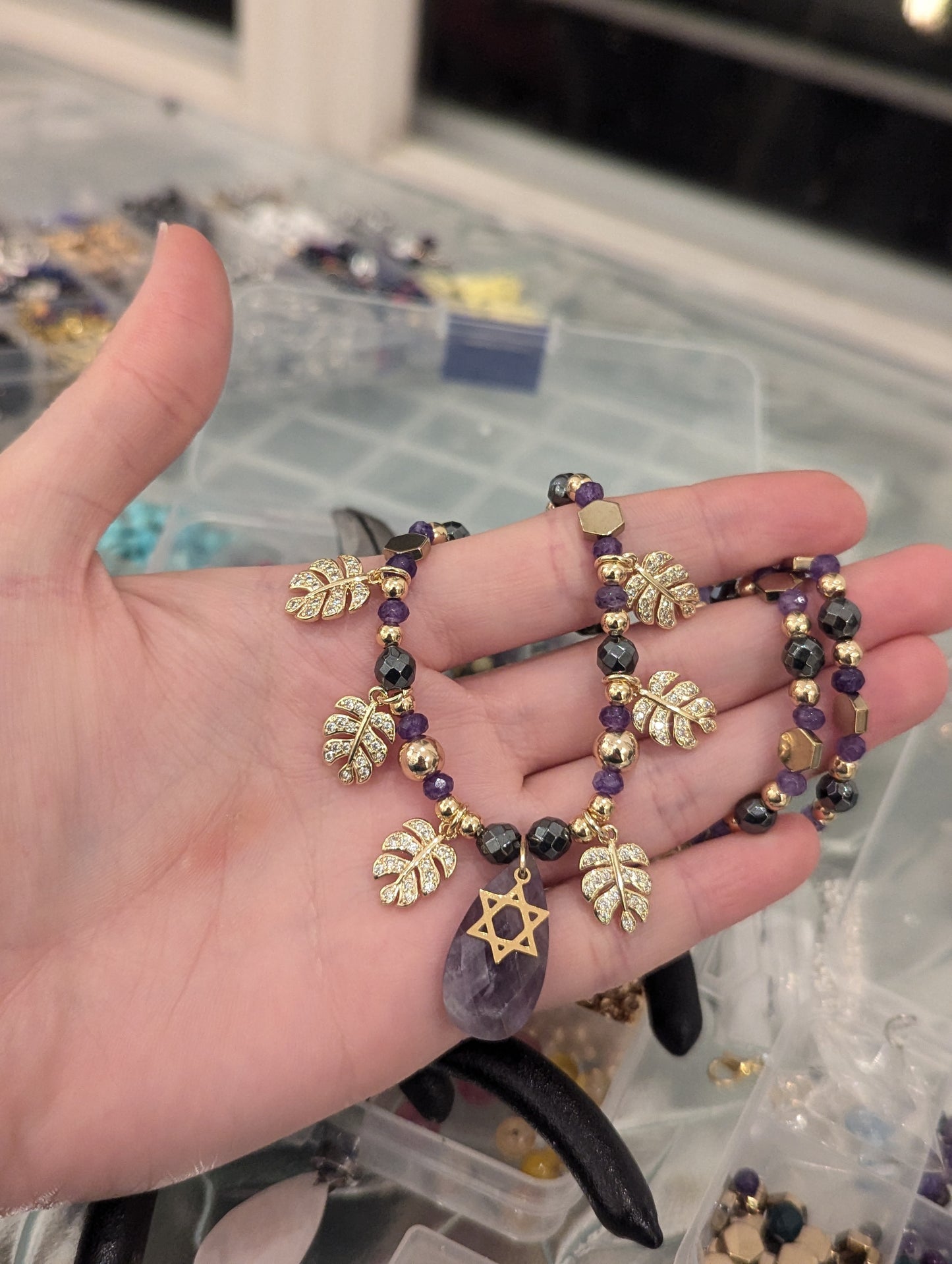 Amethyst, Gold Plated Zirconia Leaves Handmade Star of David Necklace