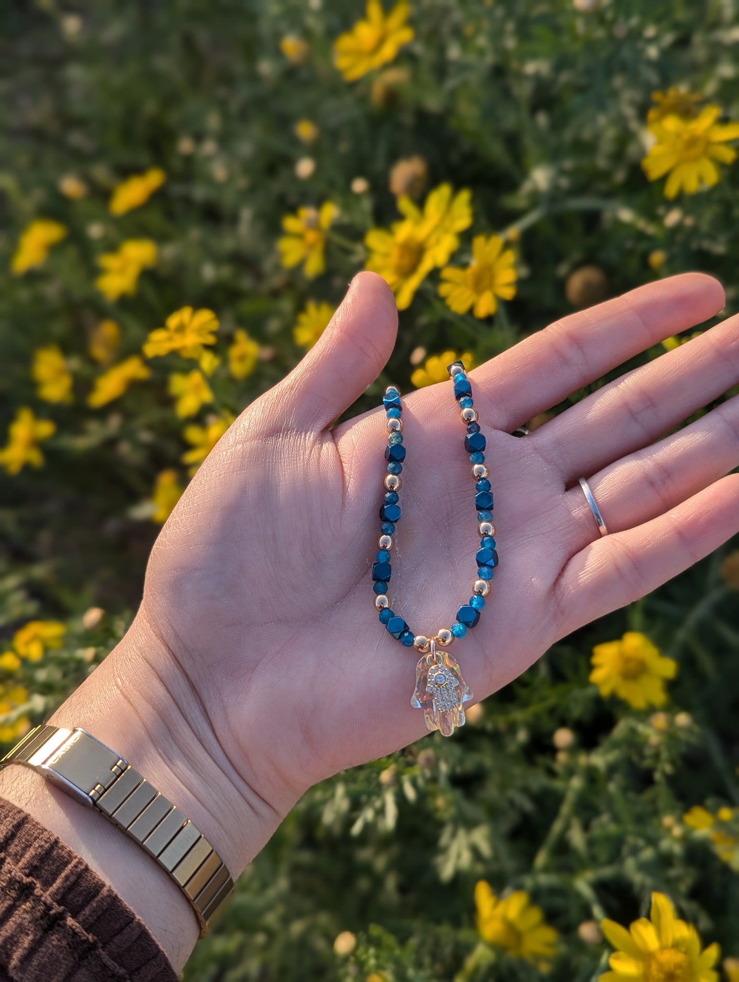 Glass and Gold Zirconia Hamsa with Apatite Gemstone Beads