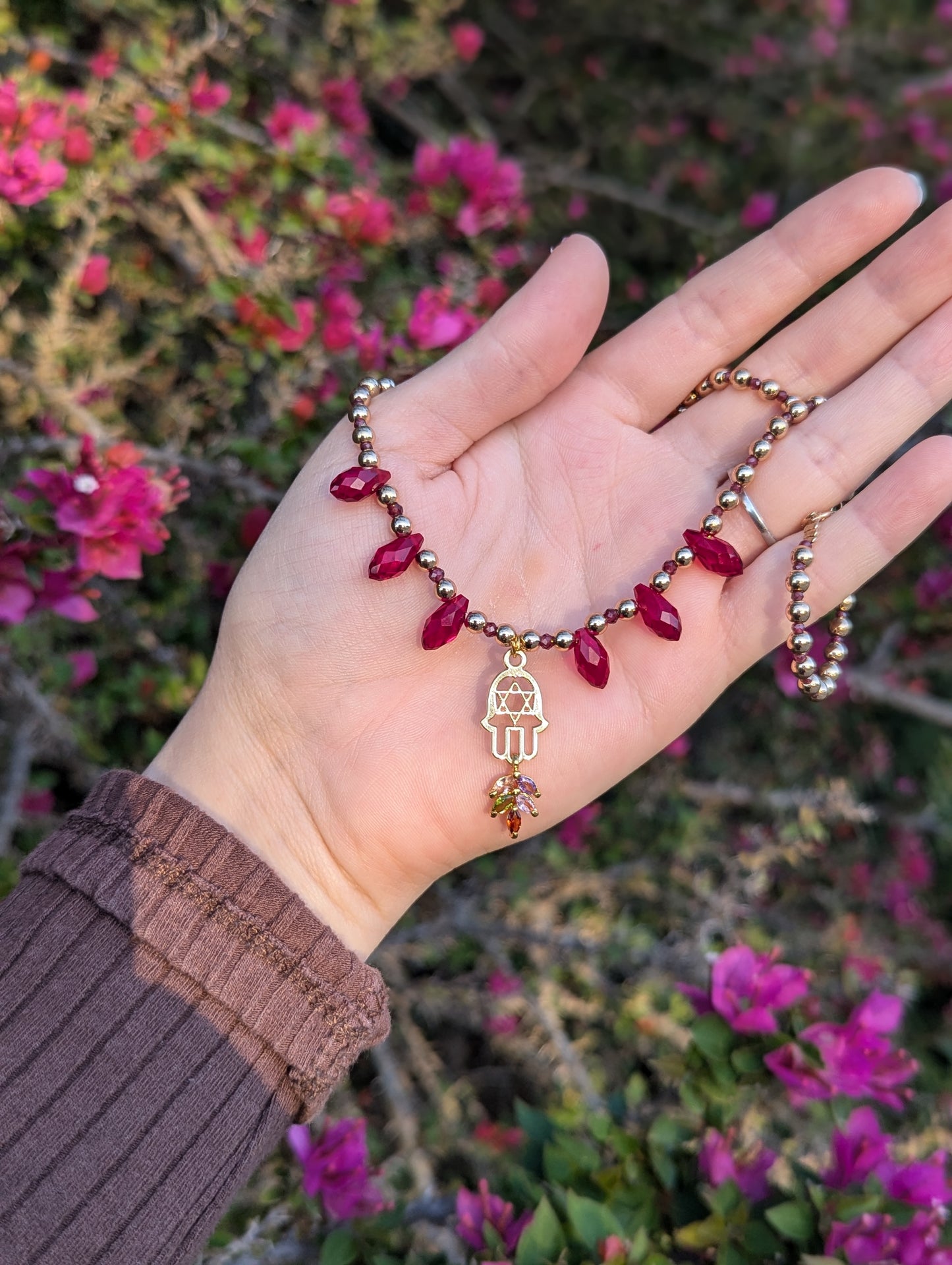 Garnet Gemstones, Hamsa Magen David, Red Drops and Multicoloured Zirconia Leaf