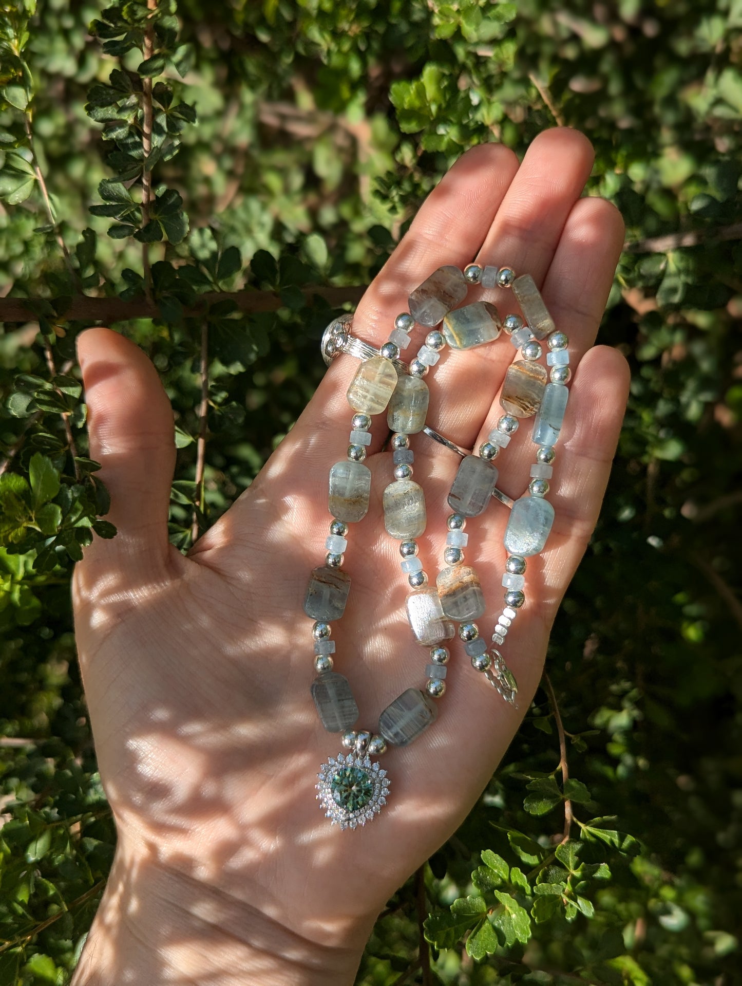 Moissanite Sterling Silver Green Blue Heart and Aquamarine Gemstones