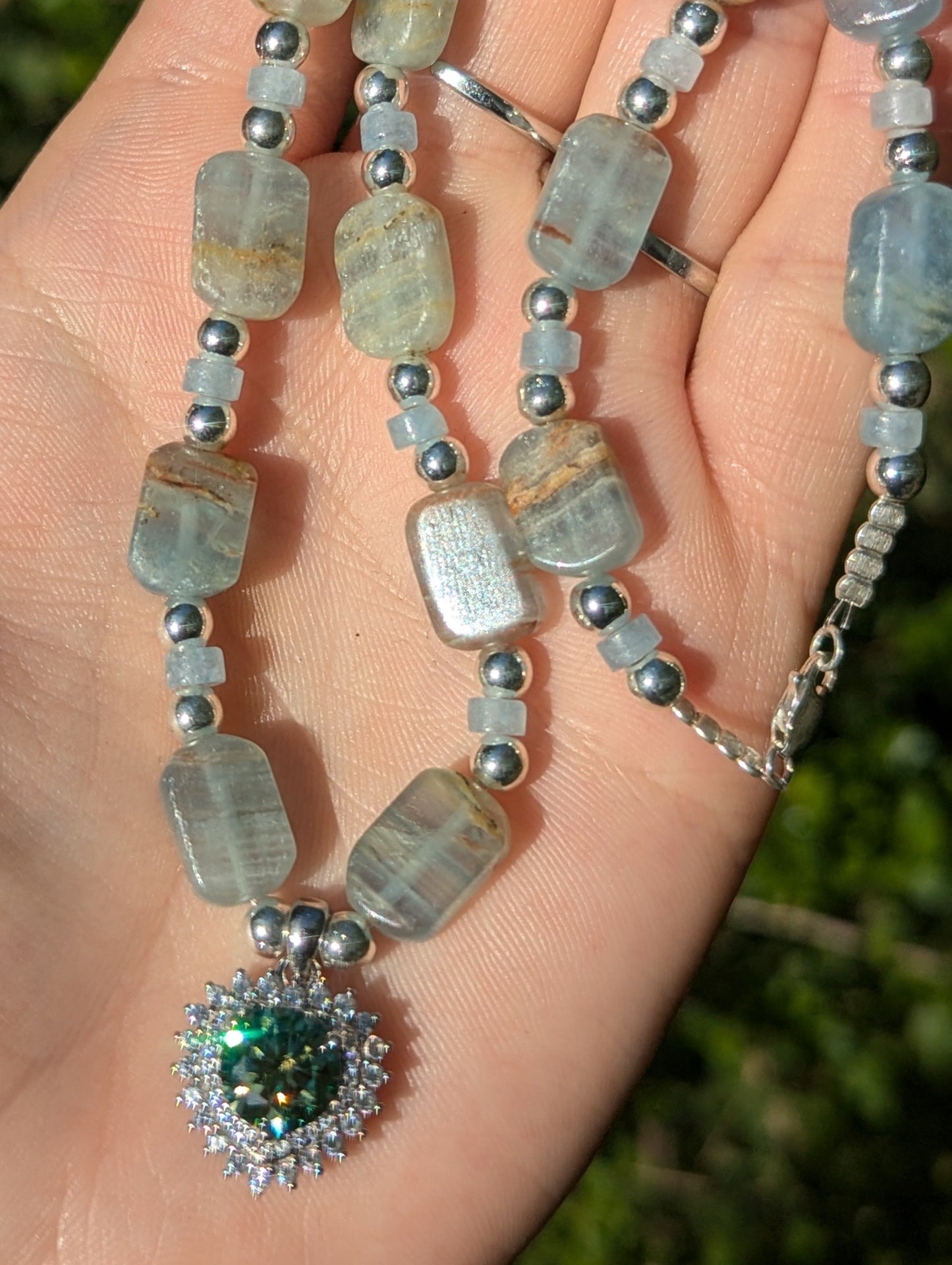 Moissanite Sterling Silver Green Blue Heart and Aquamarine Gemstones
