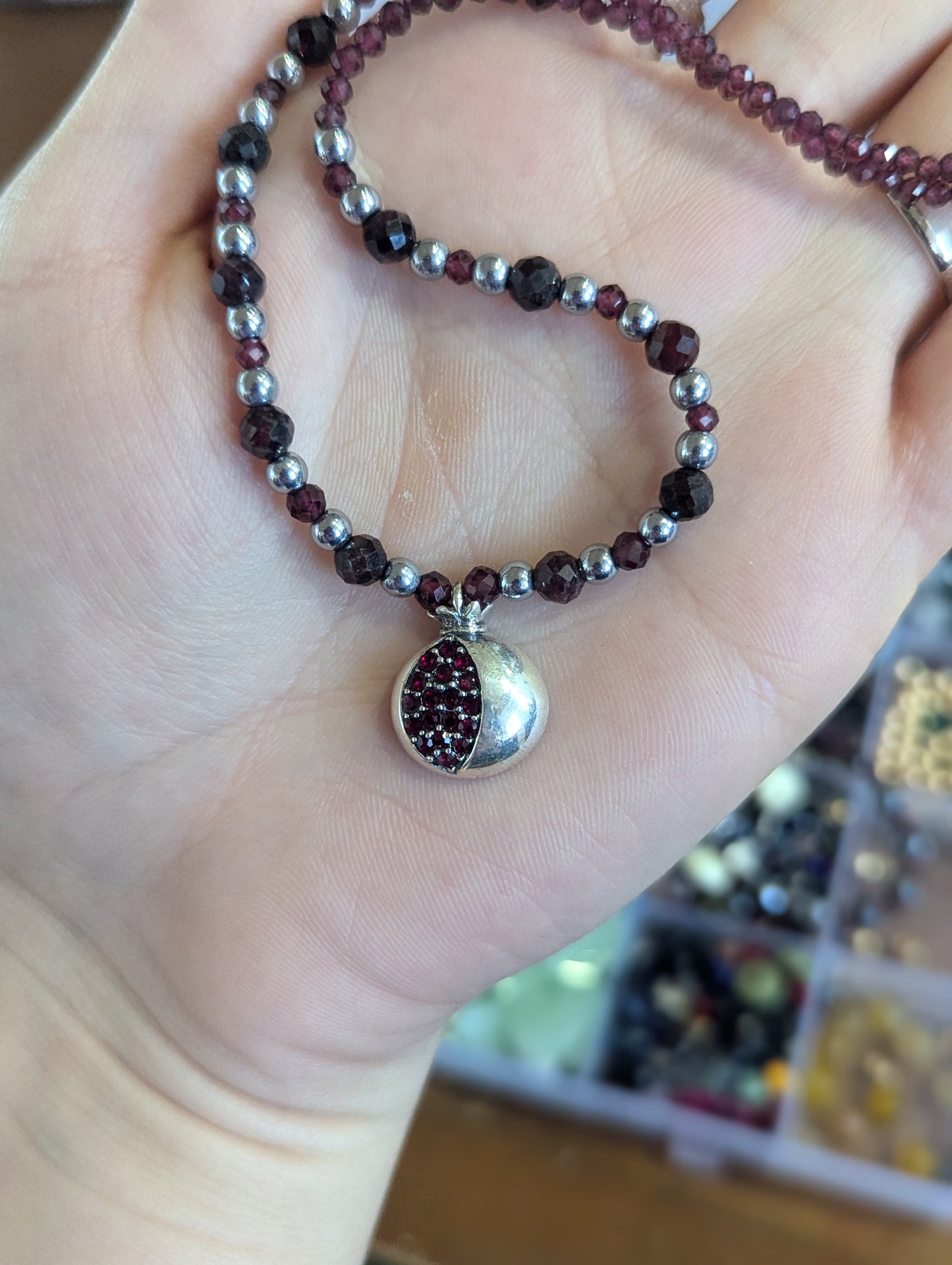 Sterling Silver Pomegranate Pendant, Garnet Necklace