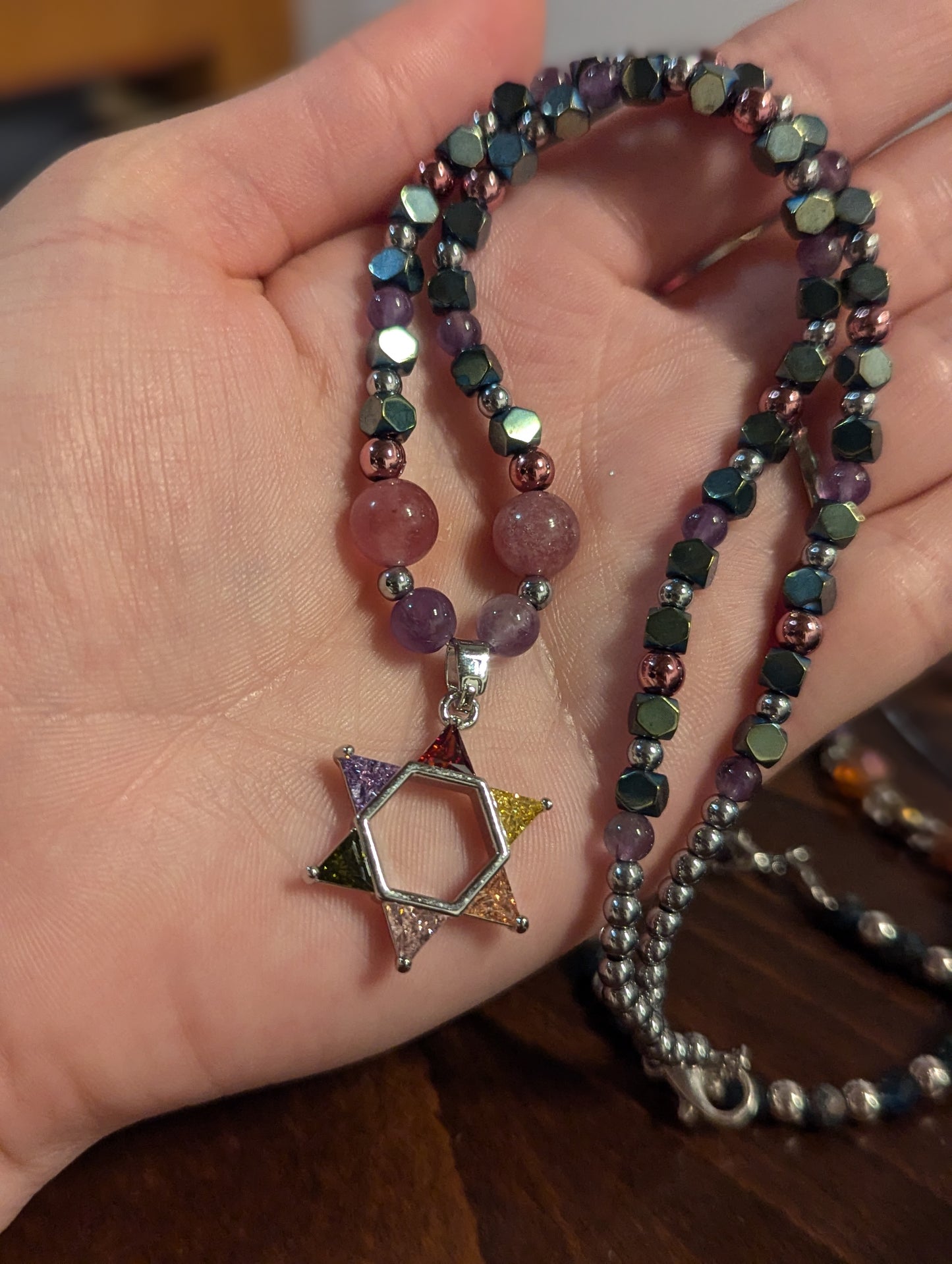 Colorful Zirconia Magen David with Amethyst and Strawberry Quartz