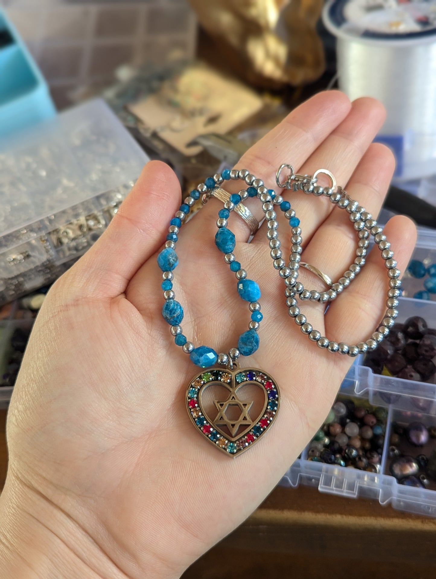 Colorful Heart Star of David with Blue Apatite