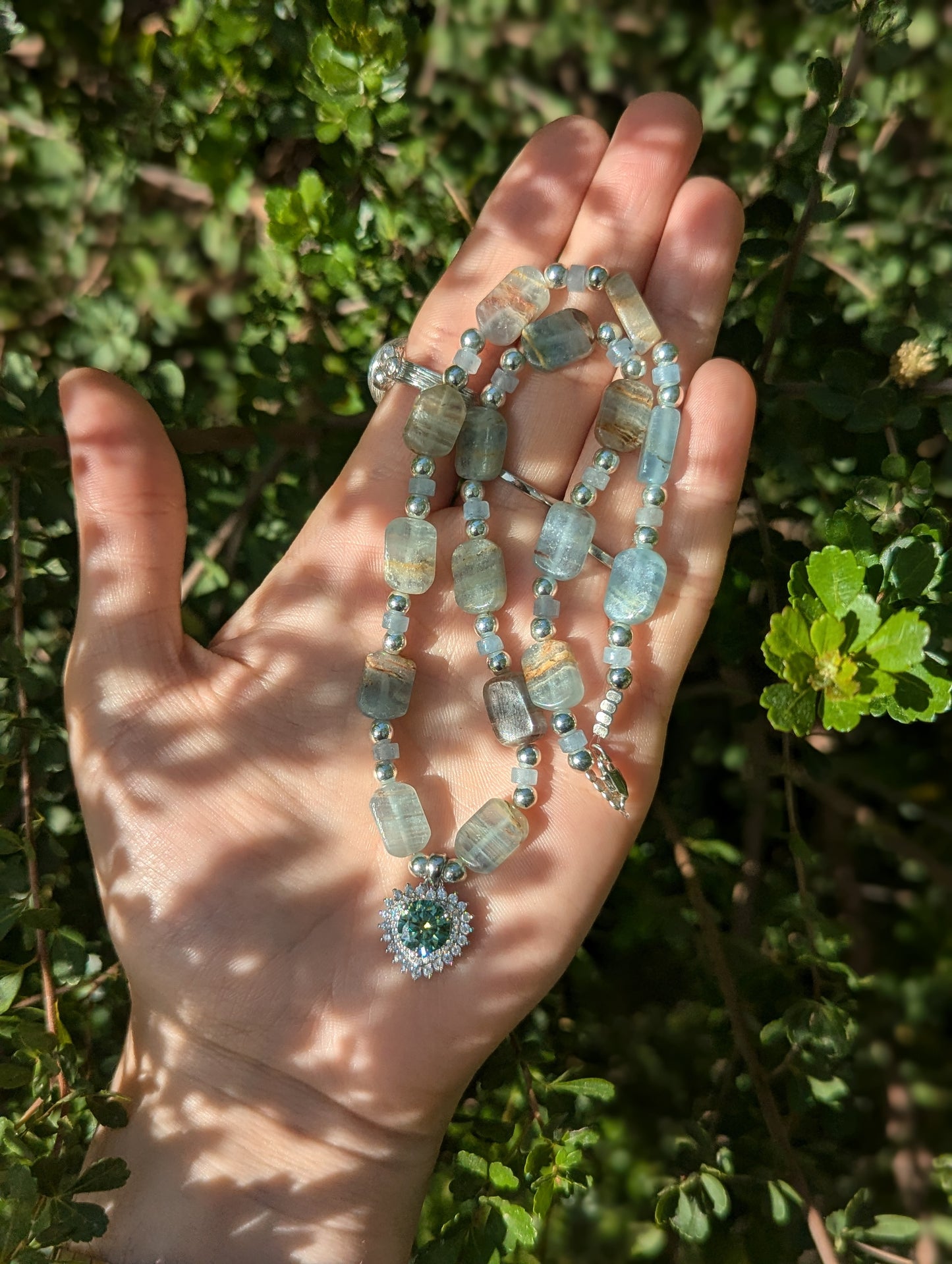 Moissanite Sterling Silver Green Blue Heart and Aquamarine Gemstones