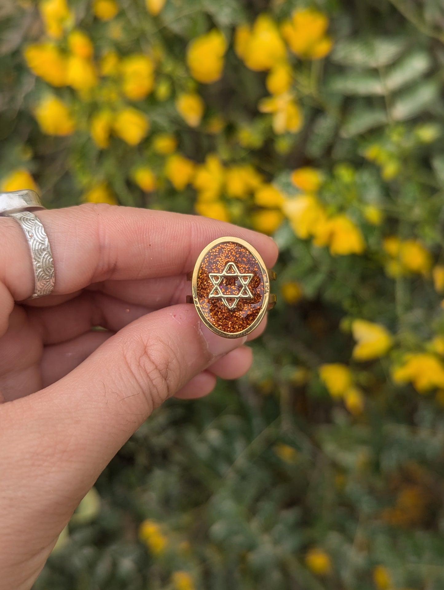 Orange Gold Magen David Adjustable Resin Stainless Steel Ring