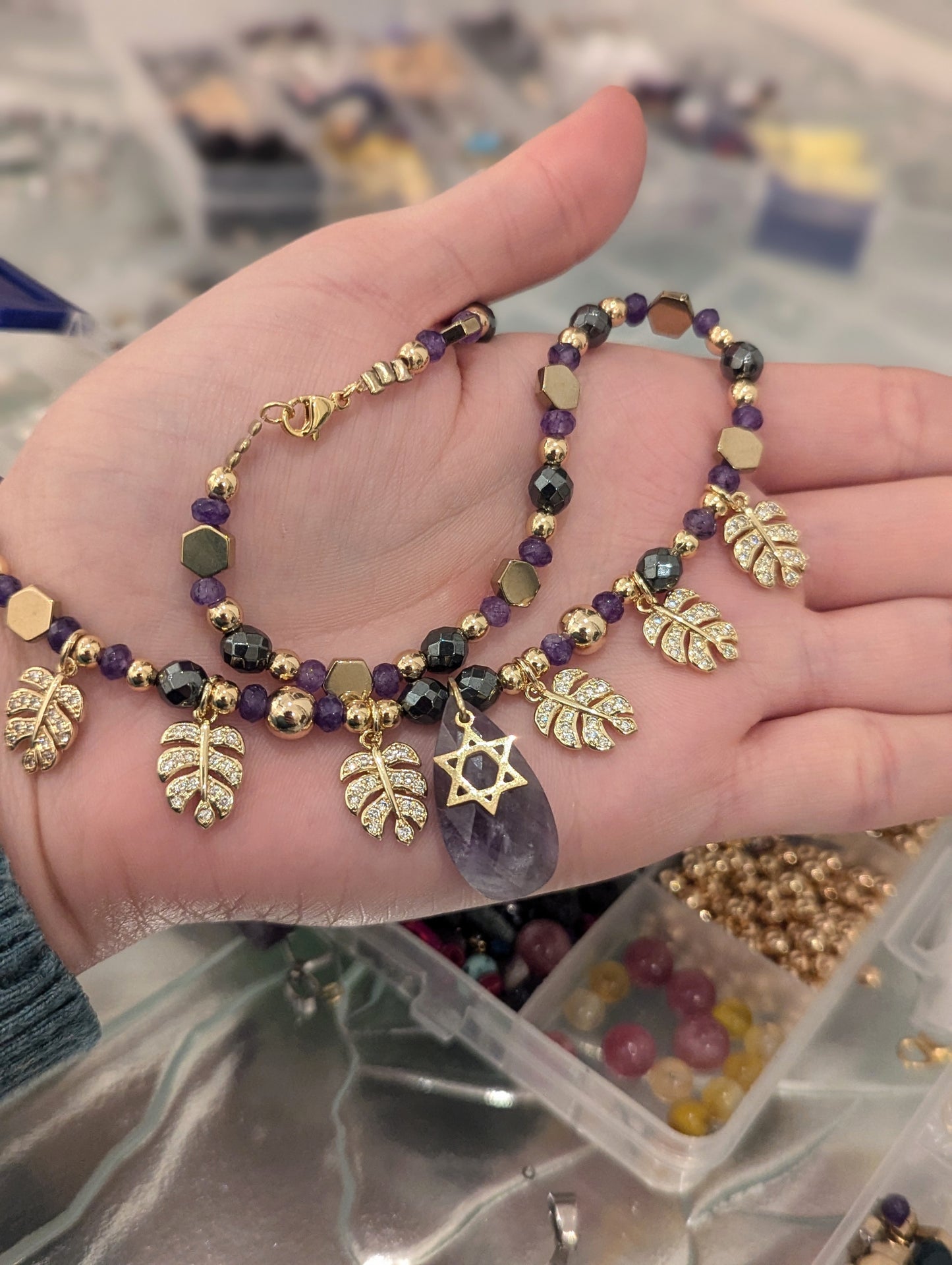 Amethyst, Gold Plated Zirconia Leaves Handmade Star of David Necklace