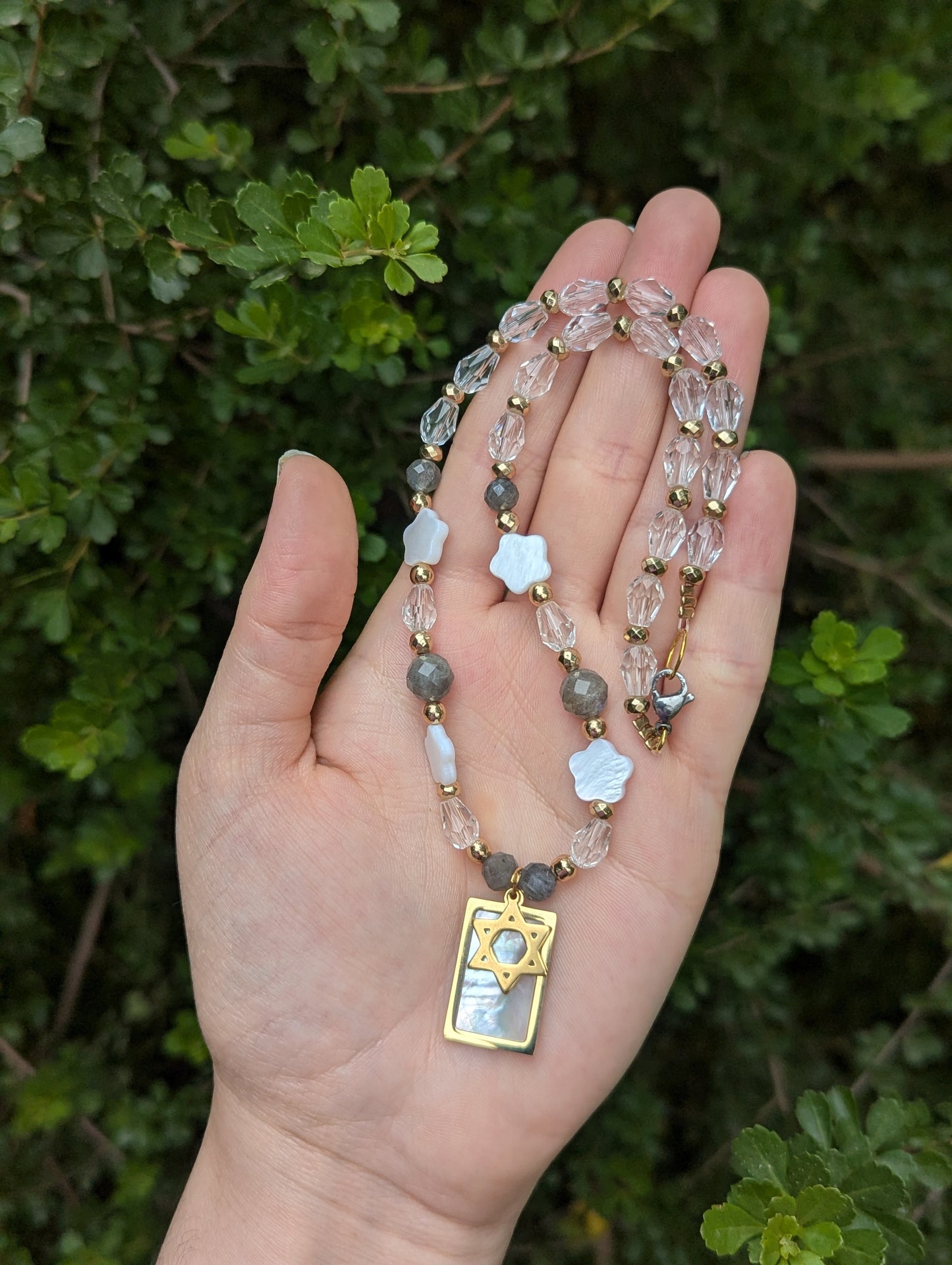 Mother of Shell Gold Plated Pendant and Flower Beads, Magen David, Labradorite Gemstones and Glass Drop Beaded Necklace