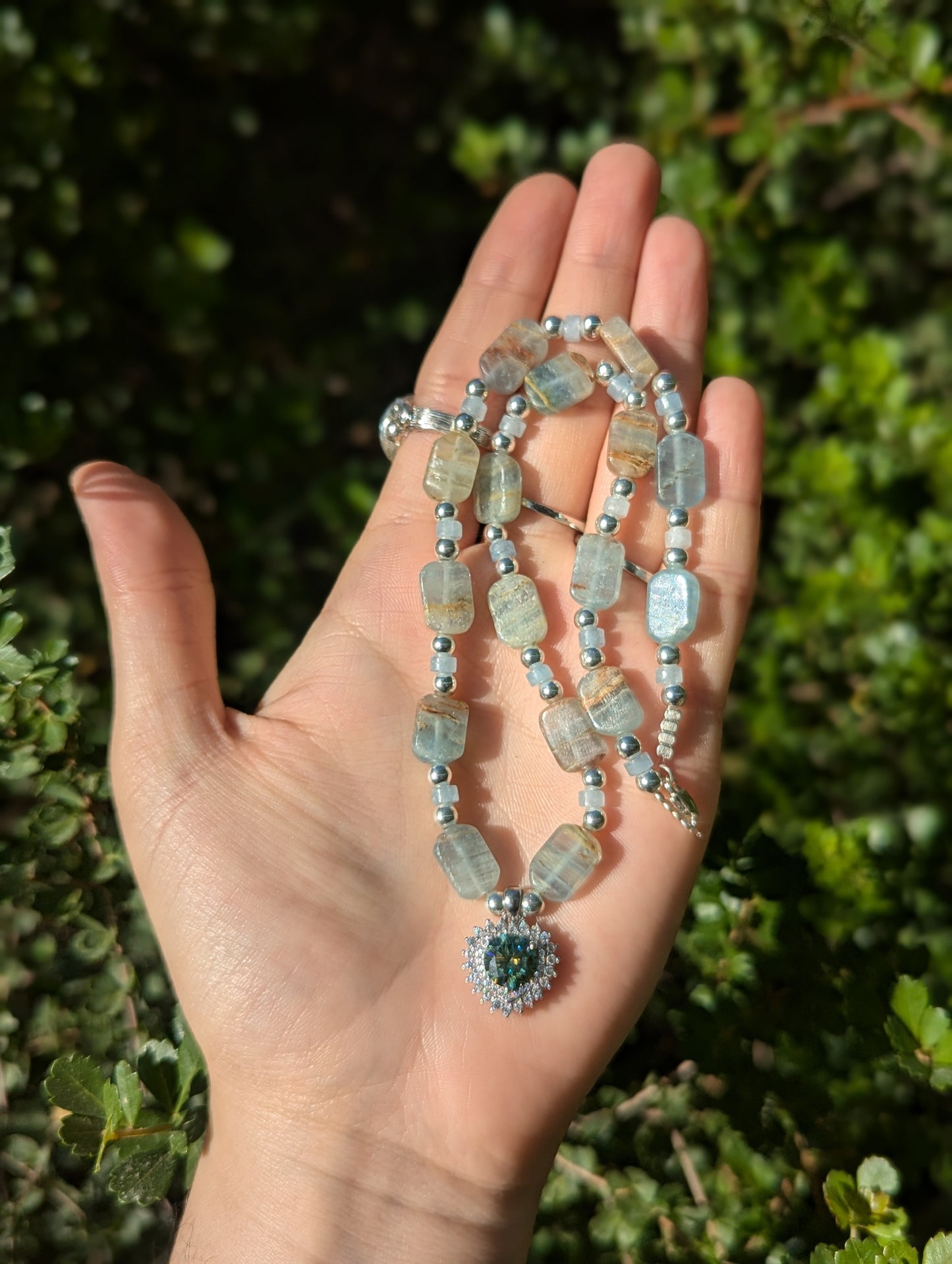 Moissanite Sterling Silver Green Blue Heart and Aquamarine Gemstones