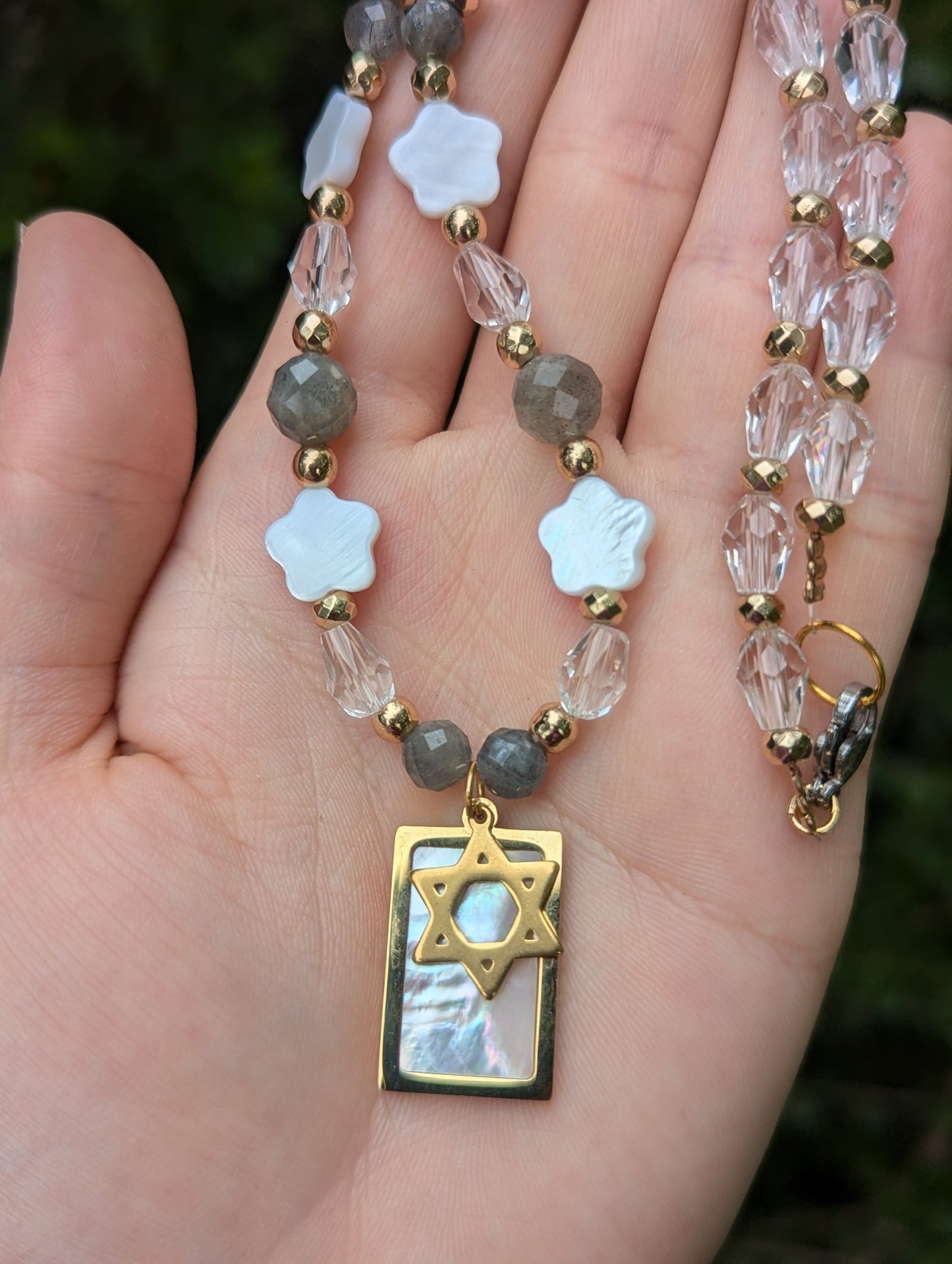 Mother of Shell Gold Plated Pendant and Flower Beads, Magen David, Labradorite Gemstones and Glass Drop Beaded Necklace