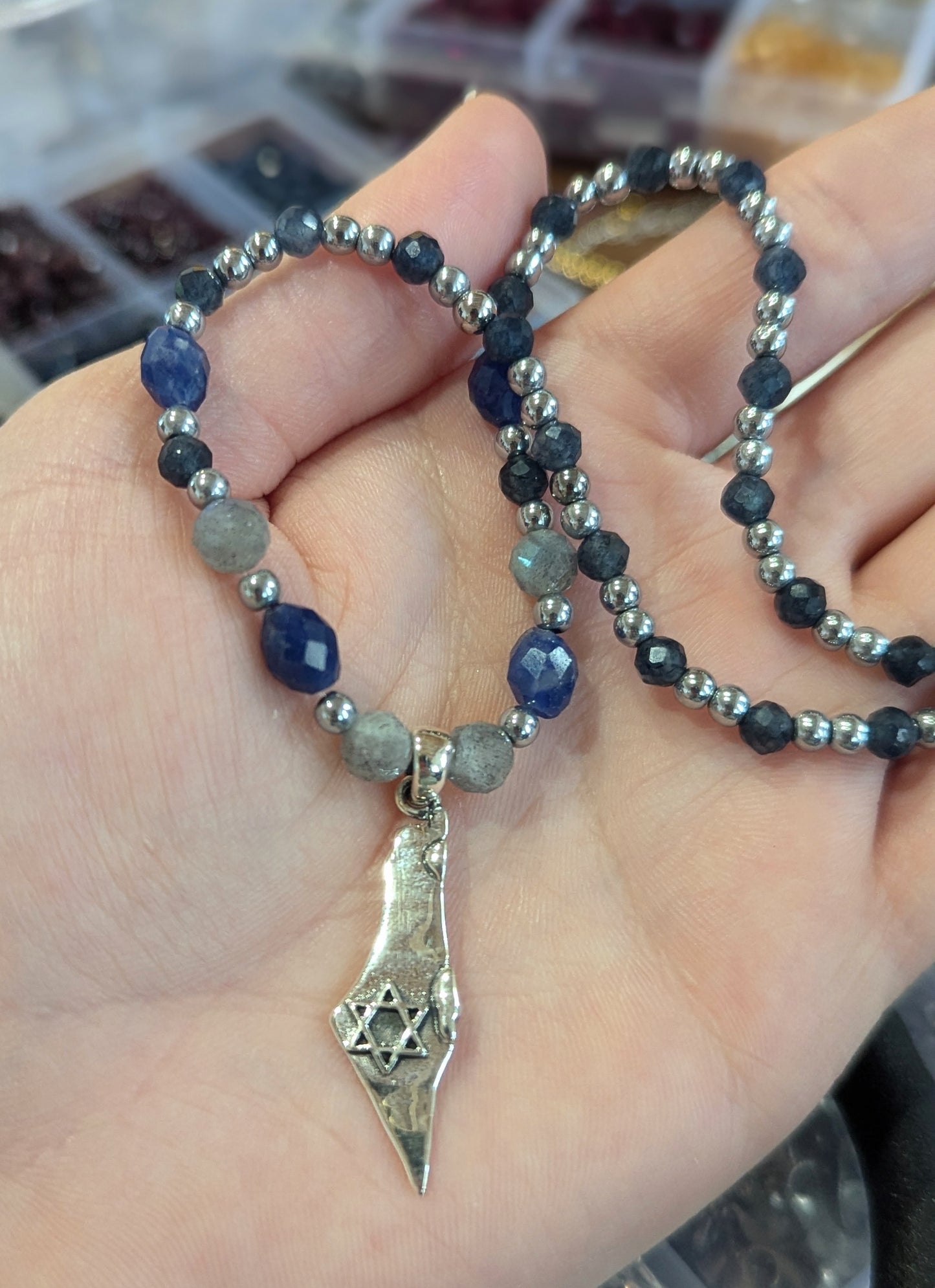 Sterling Silver Eretz Israel Pendant with Grey and Blue Gemstones