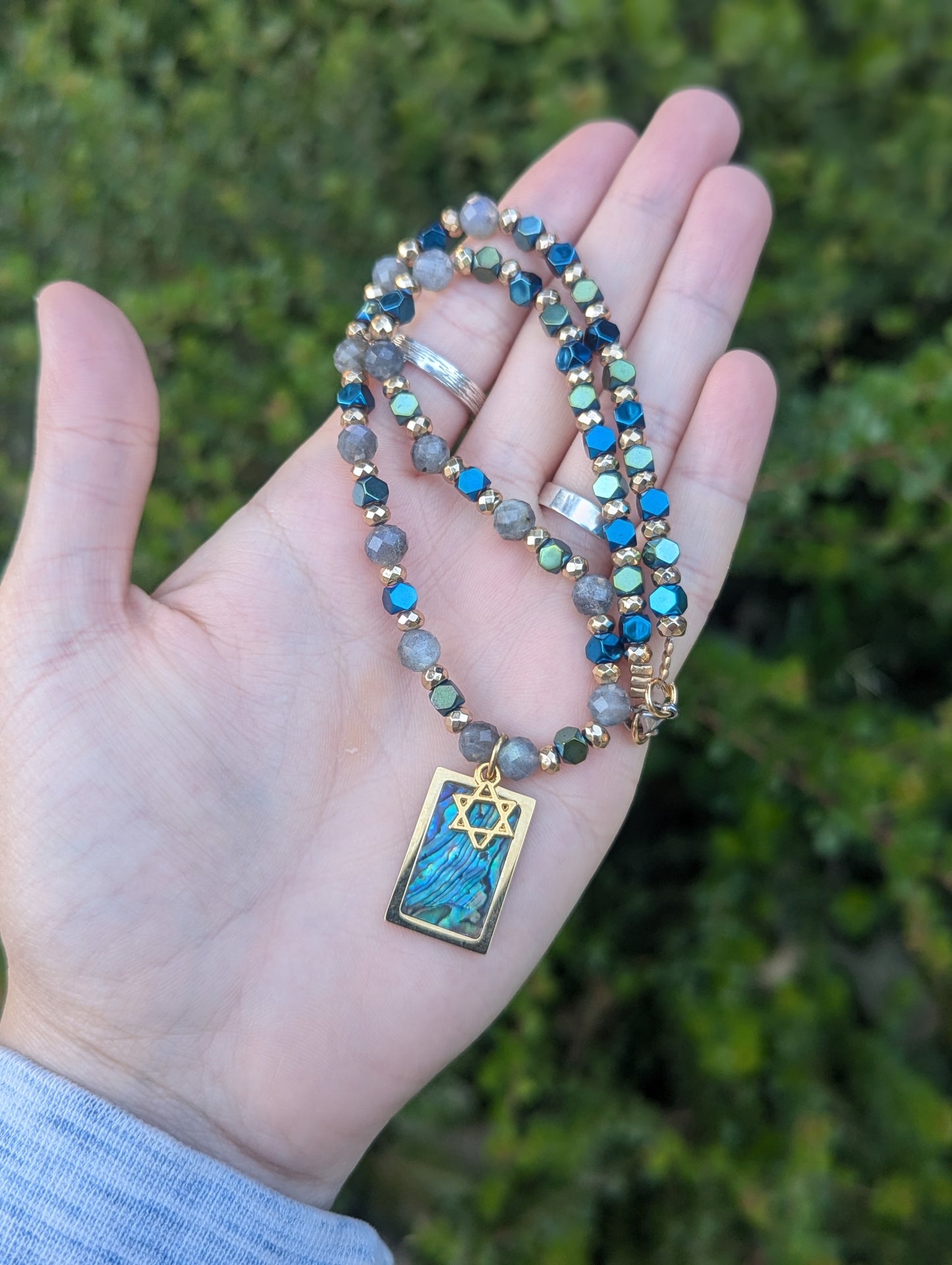 Abalone Shell Gold Plated Magen David and Labradorite Gemstones