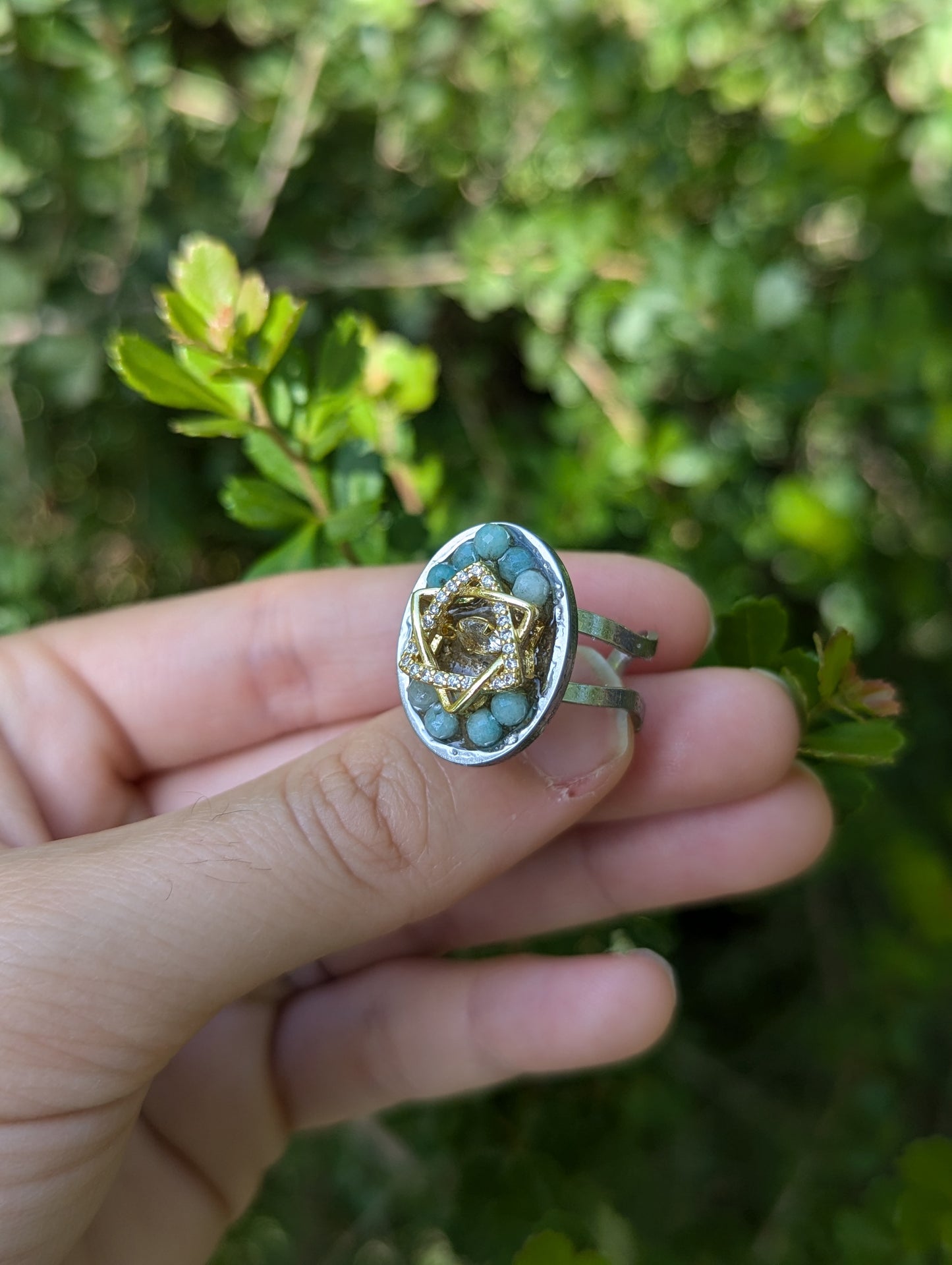 Zirconia Golden Magen David Amazonite and Israeli Sand Adjustable Ring
