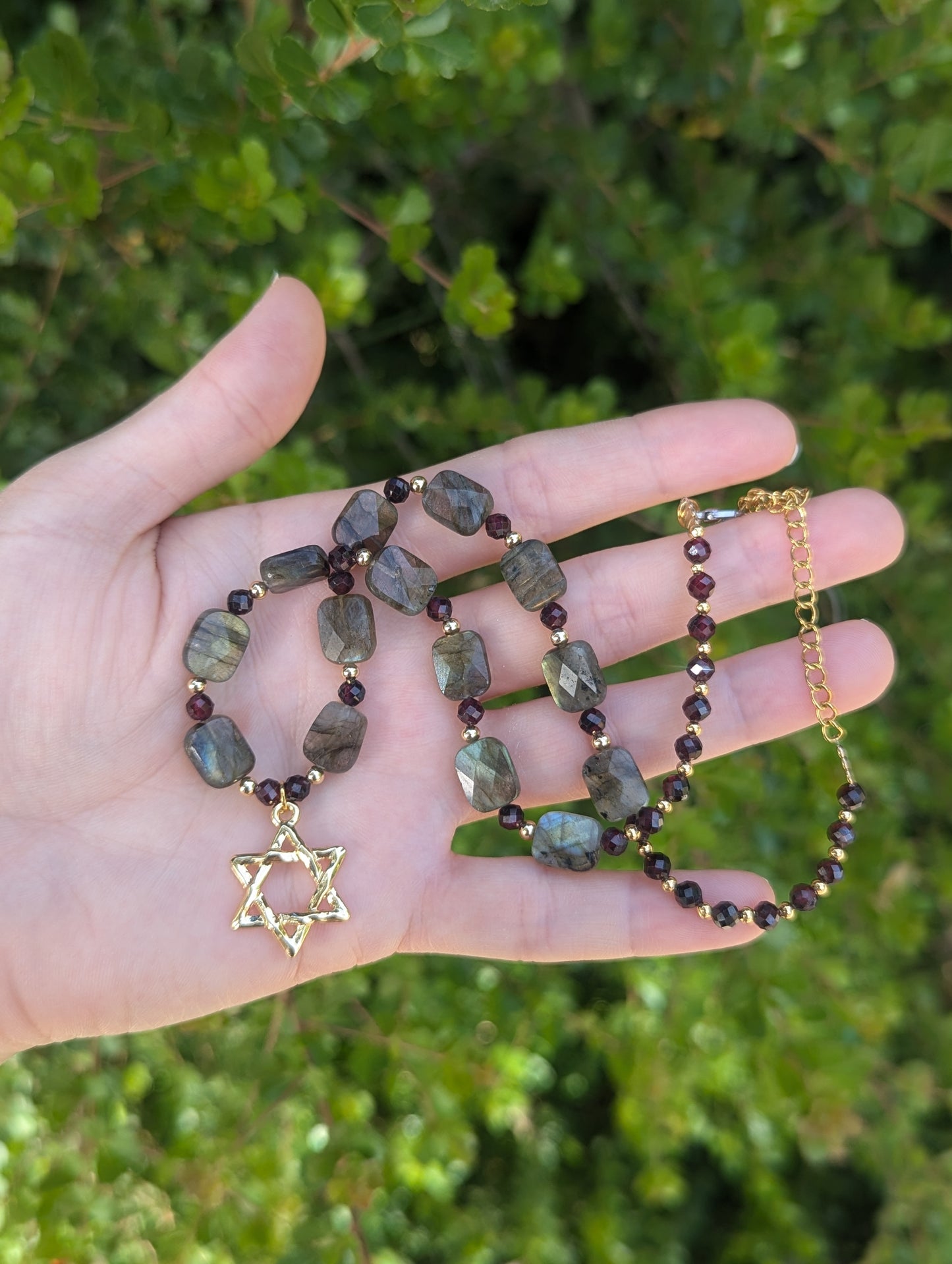 Mesmerizing Garnet and Labradorite Gemstones with a Gold Plated Star of David