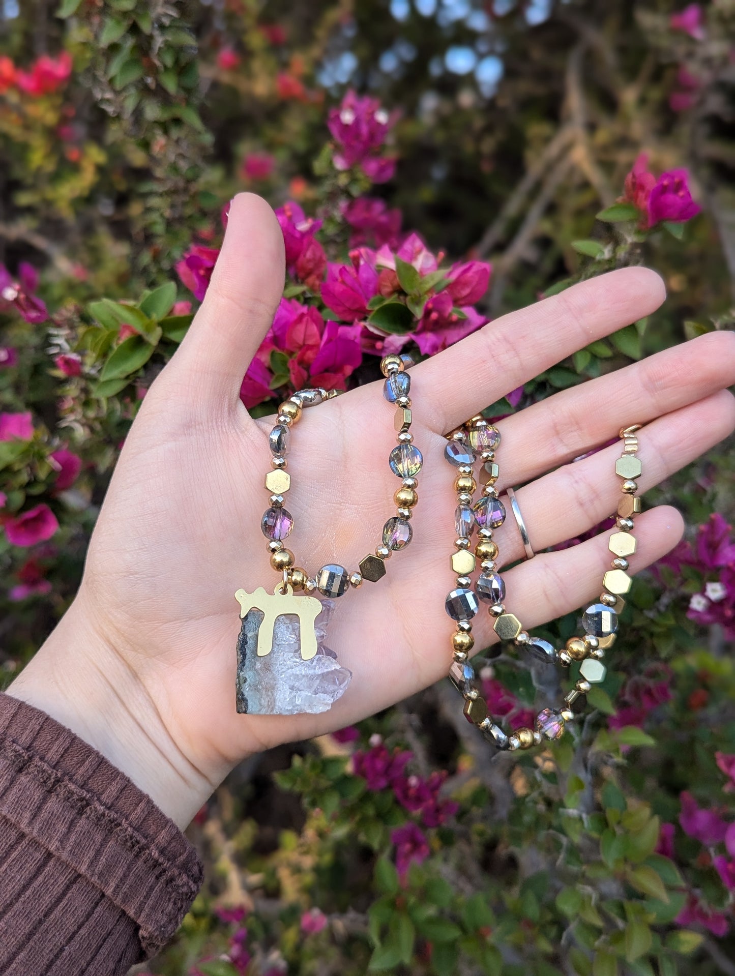 Gold Chai and Amethyst Cluster Long Beaded Necklace