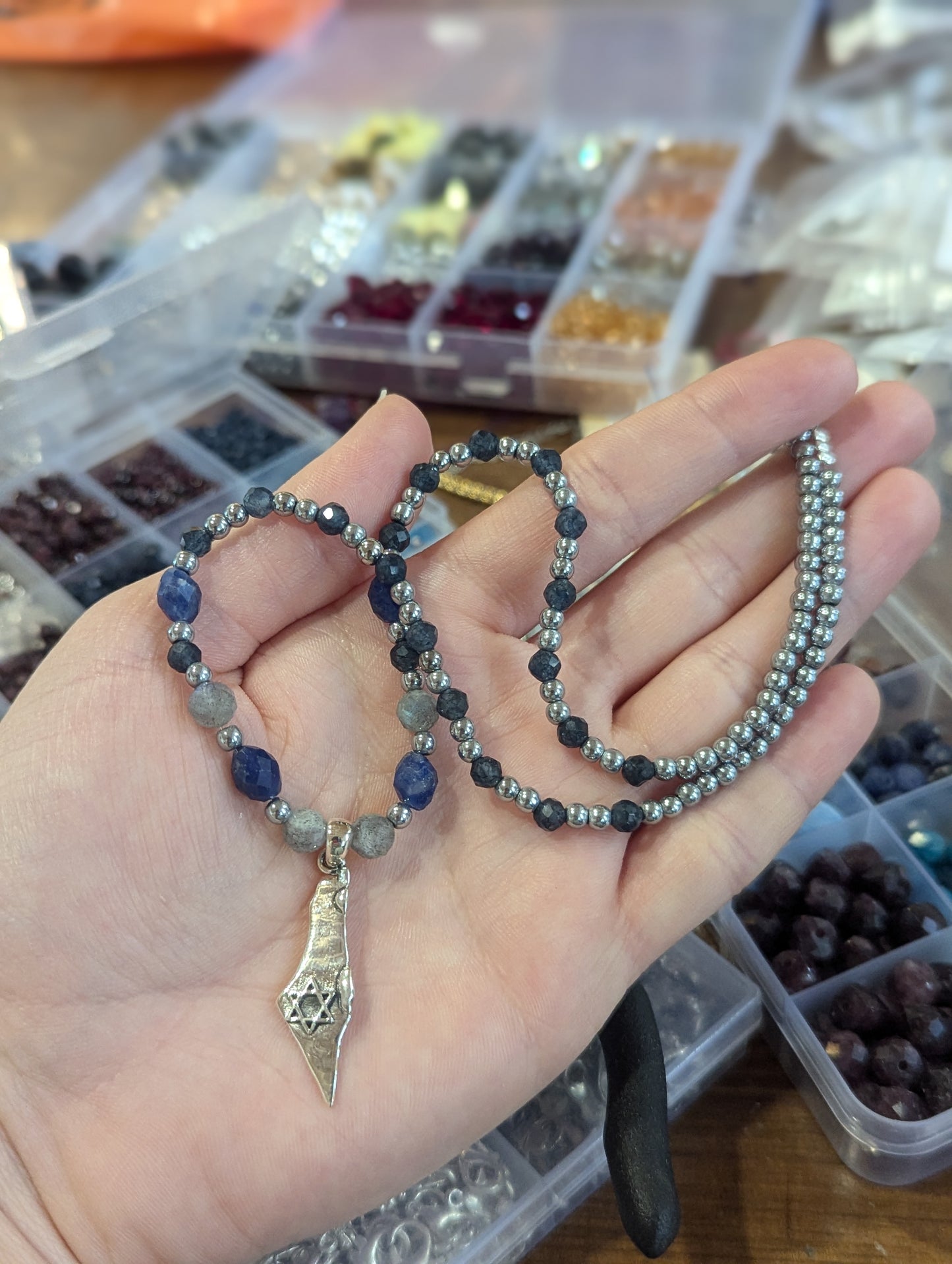 Sterling Silver Eretz Israel Pendant with Grey and Blue Gemstones
