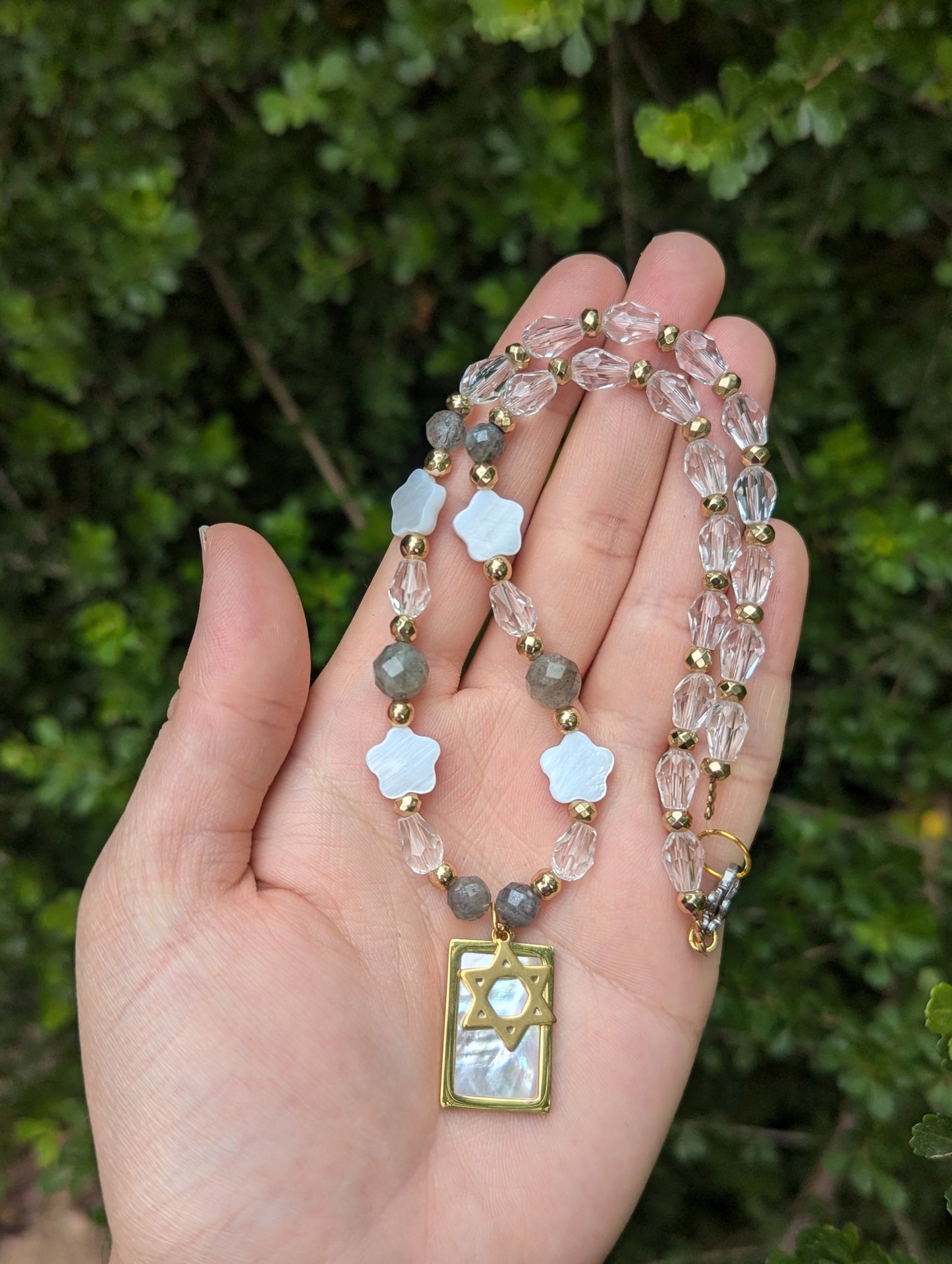 Mother of Shell Gold Plated Pendant and Flower Beads, Magen David, Labradorite Gemstones and Glass Drop Beaded Necklace