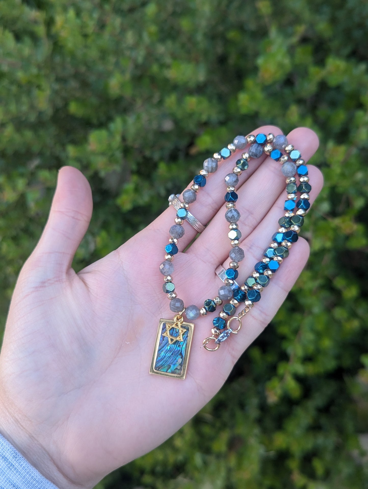 Abalone Shell Gold Plated Magen David and Labradorite Gemstones