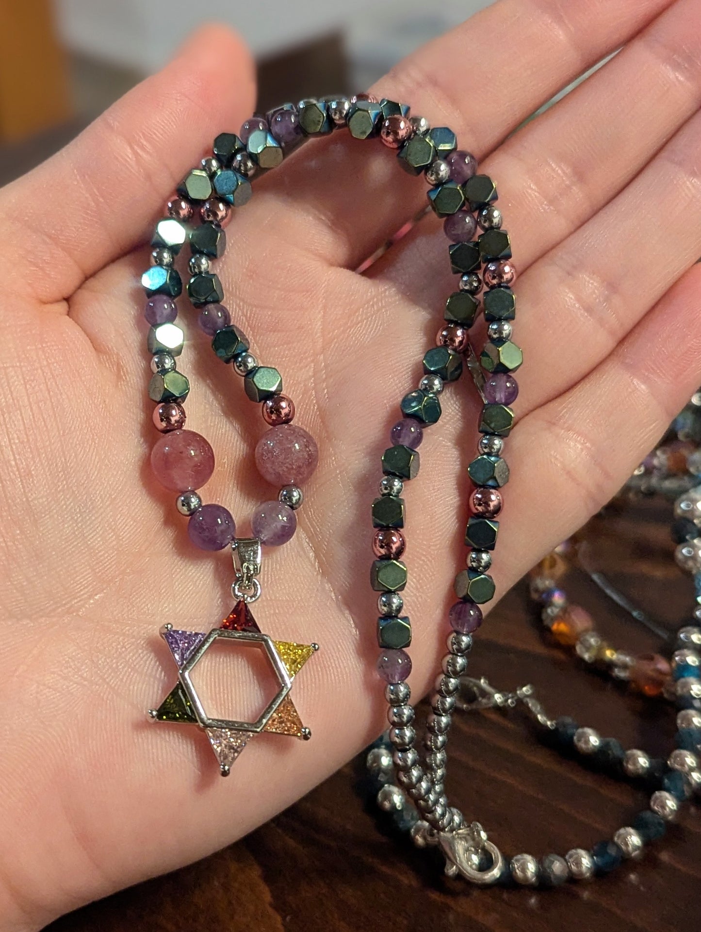 Colorful Zirconia Magen David with Amethyst and Strawberry Quartz