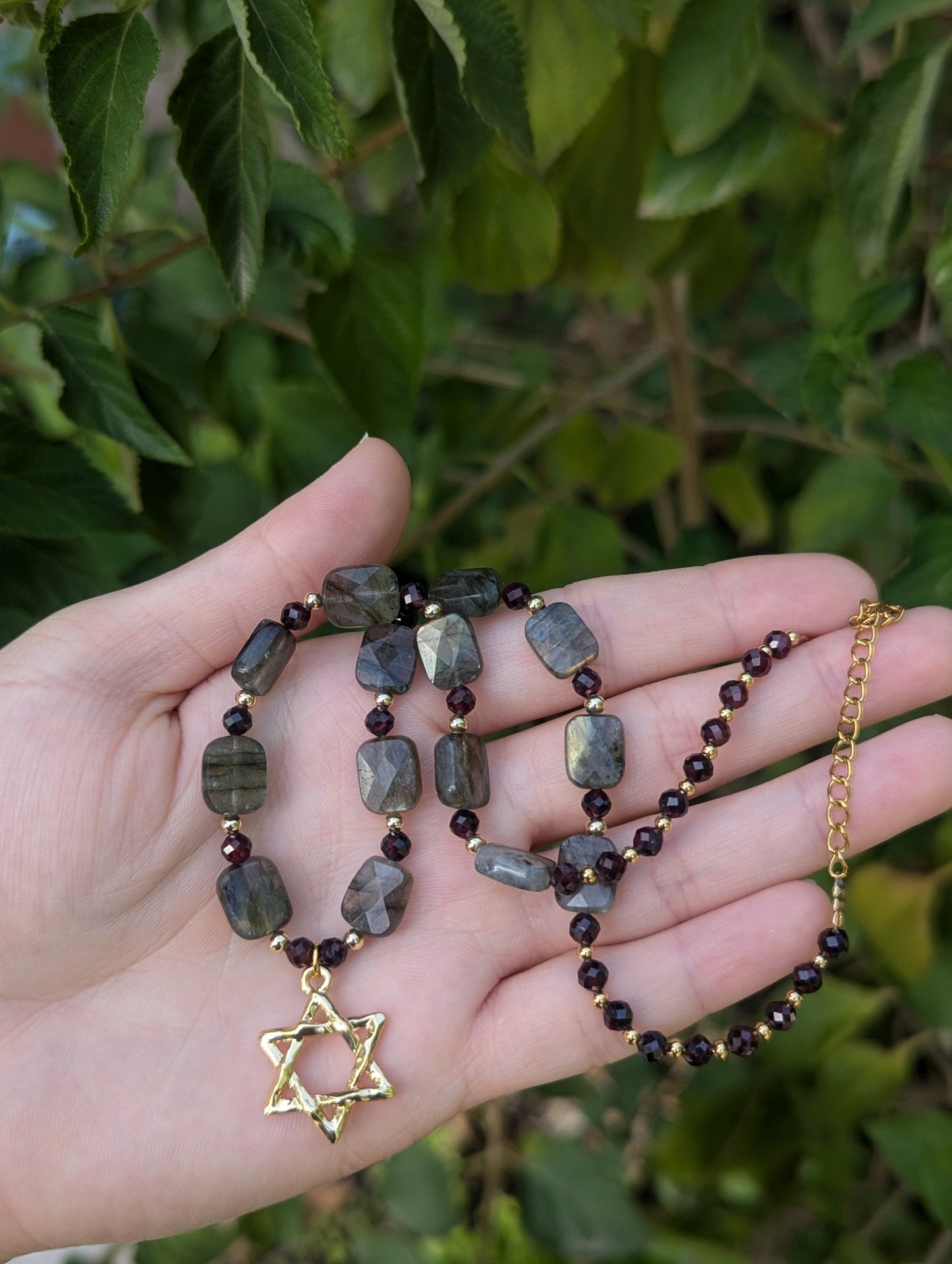 Mesmerizing Garnet and Labradorite Gemstones with a Gold Plated Star of David