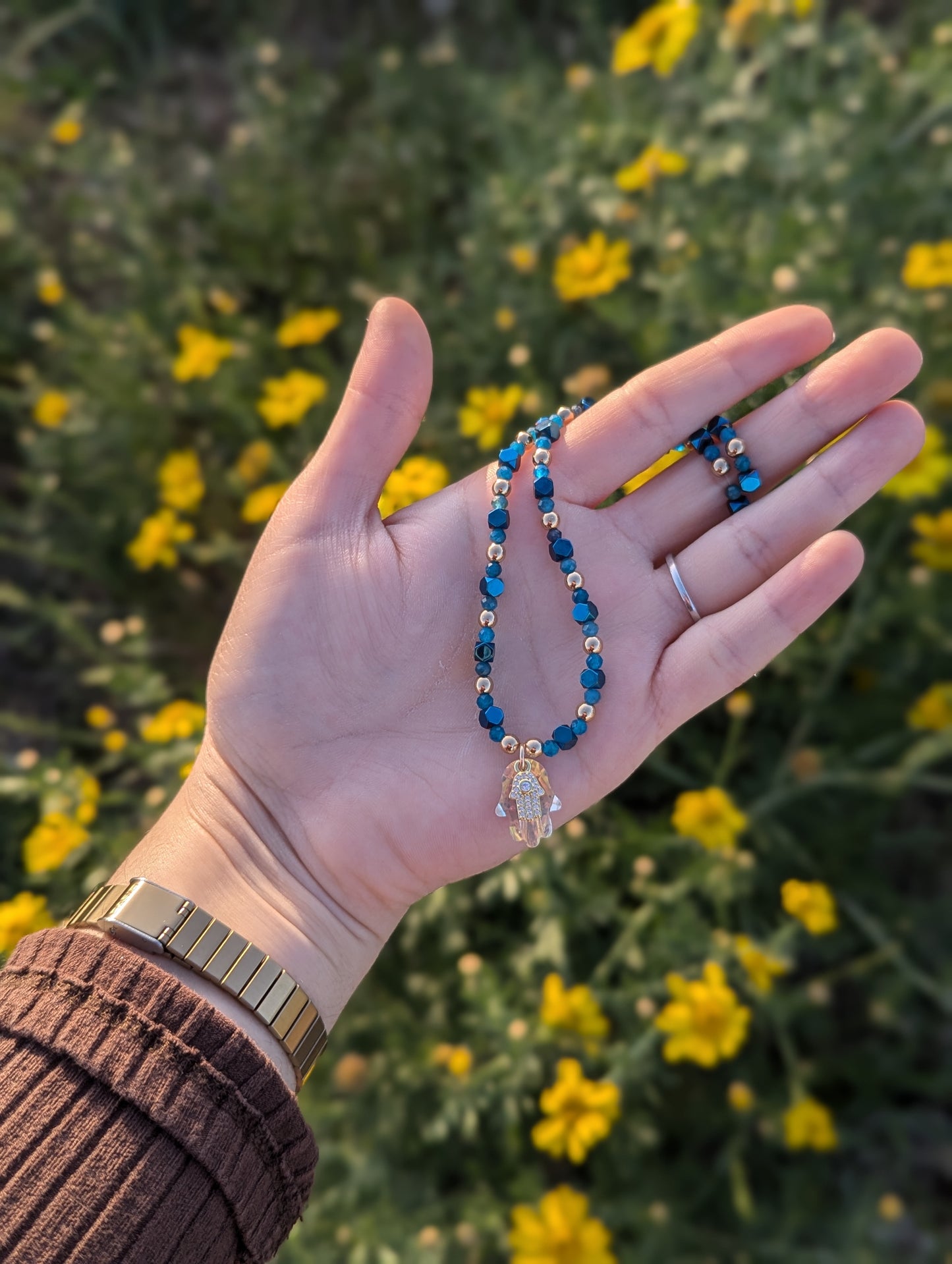 Glass and Gold Zirconia Hamsa with Apatite Gemstone Beads