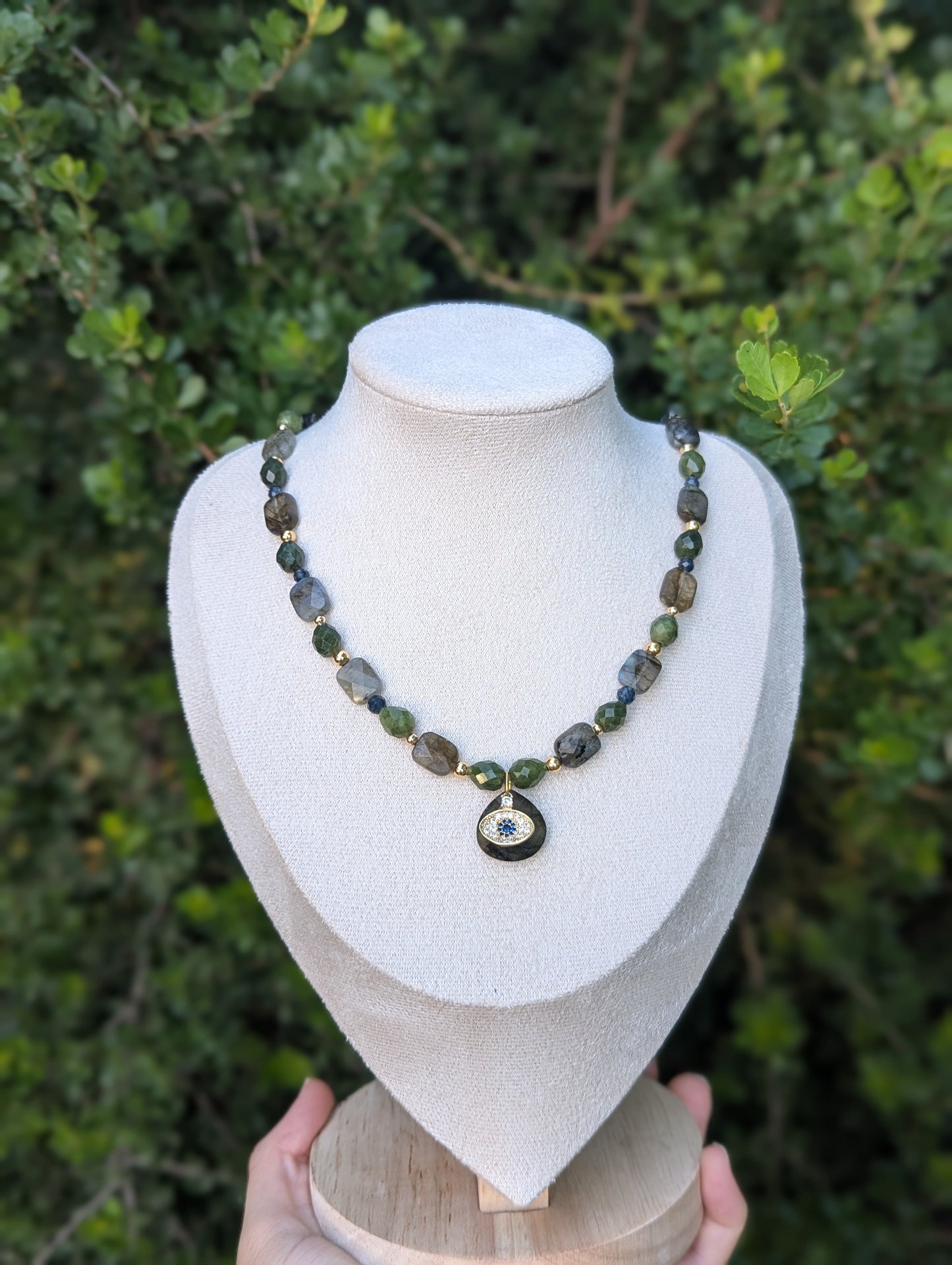 Gold Plated Evil Eye, Labradorite and Jasper Gemstones Beaded Necklace
