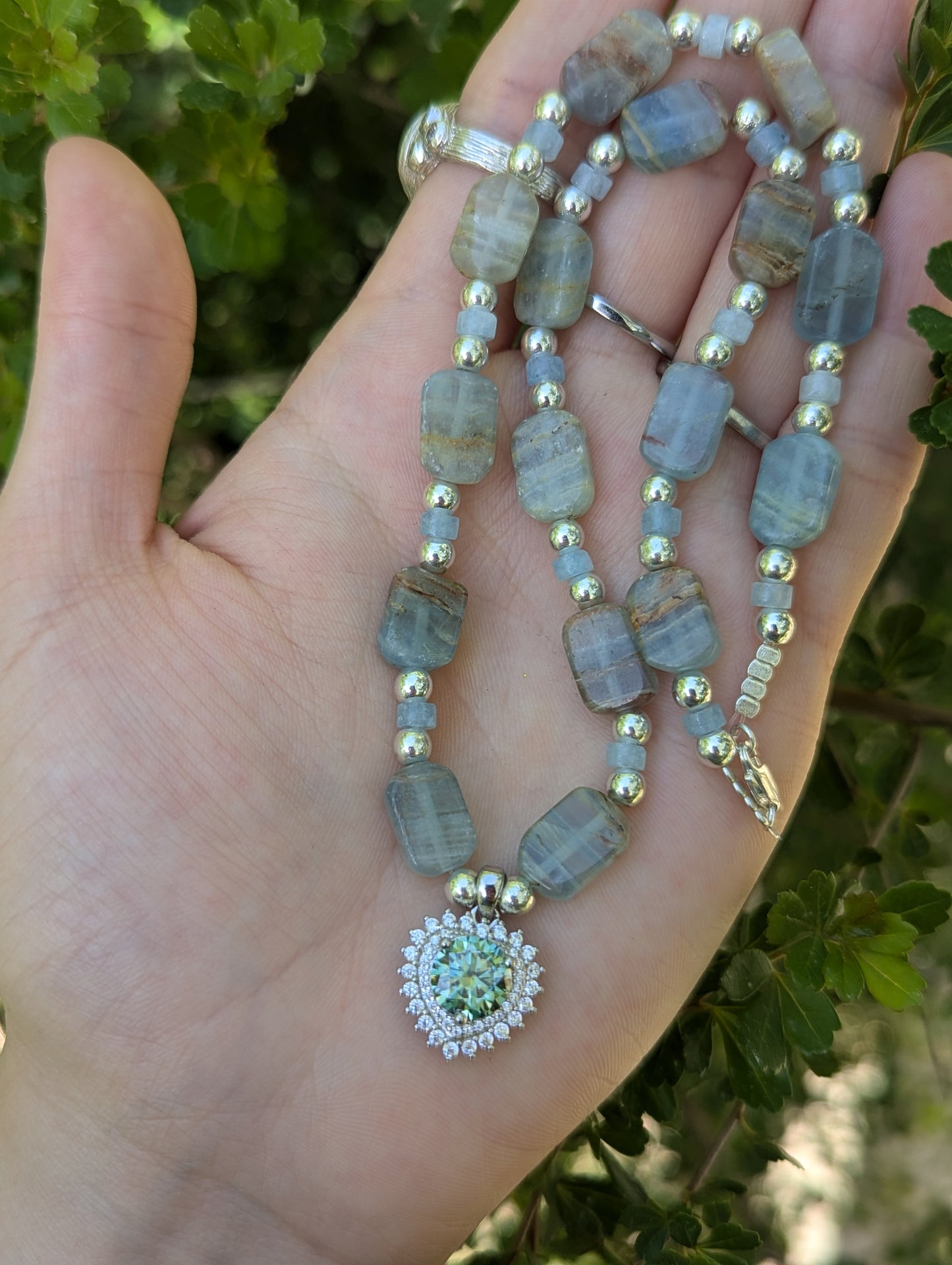 Moissanite Sterling Silver Green Blue Heart and Aquamarine Gemstones