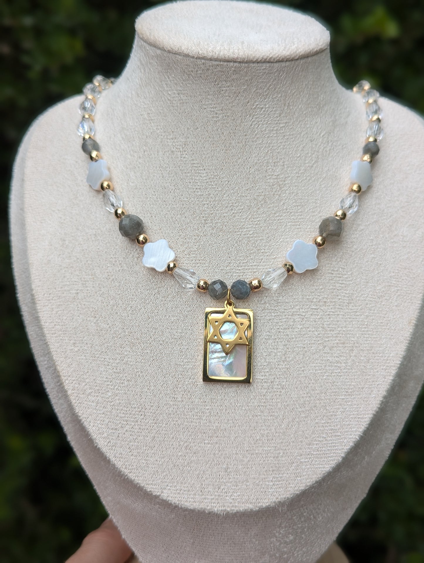 Mother of Shell Gold Plated Pendant and Flower Beads, Magen David, Labradorite Gemstones and Glass Drop Beaded Necklace