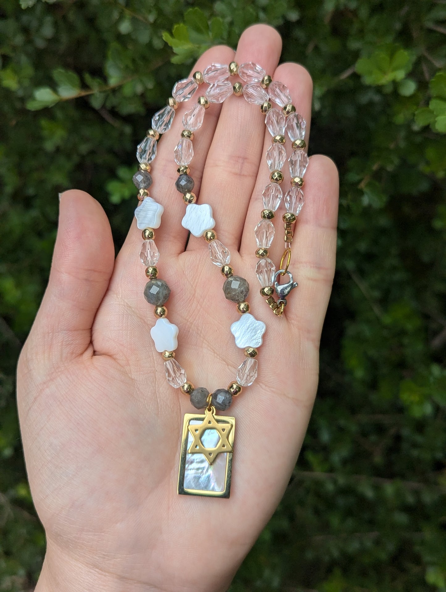 Mother of Shell Gold Plated Pendant and Flower Beads, Magen David, Labradorite Gemstones and Glass Drop Beaded Necklace