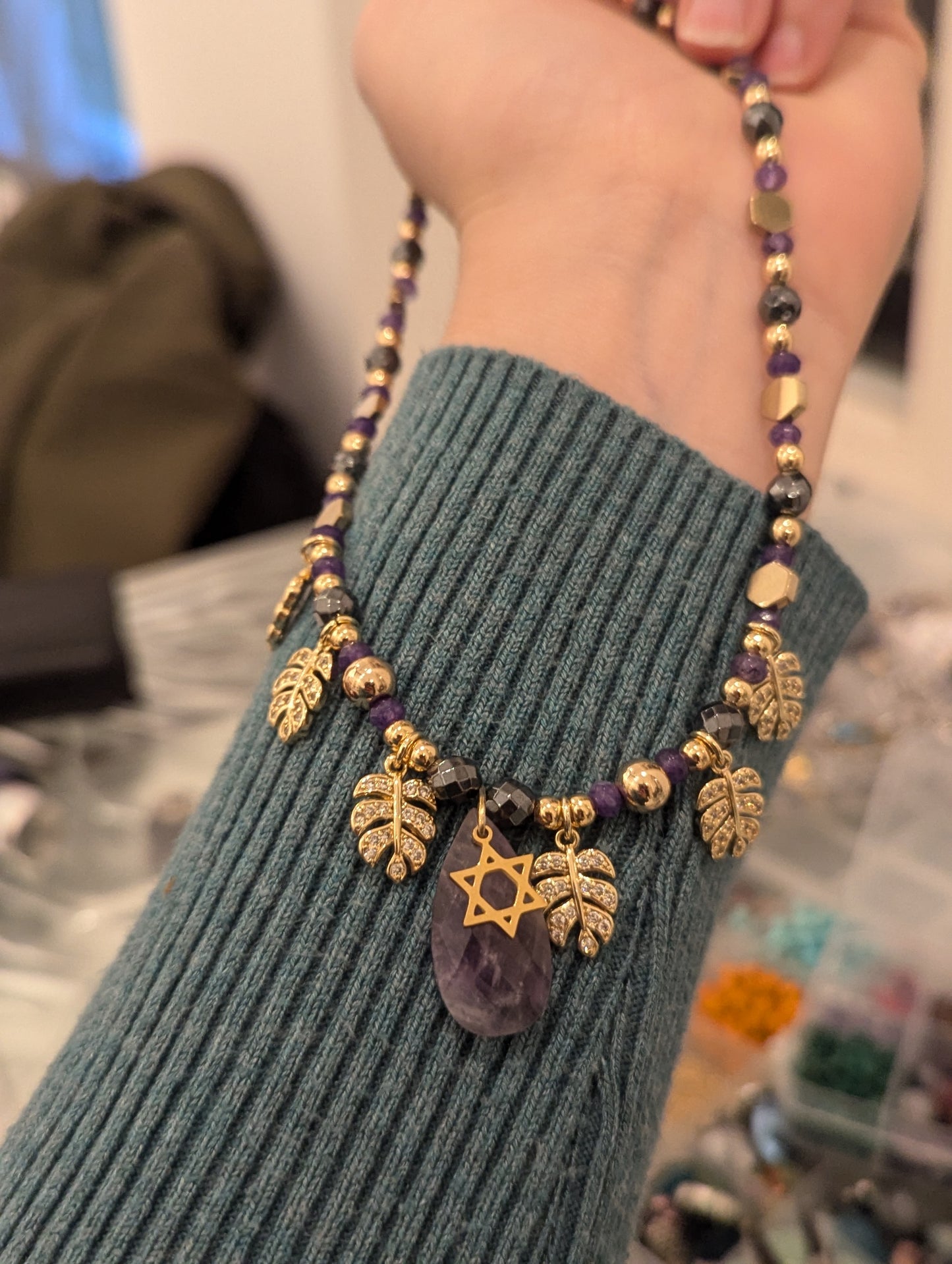 Amethyst, Gold Plated Zirconia Leaves Handmade Star of David Necklace