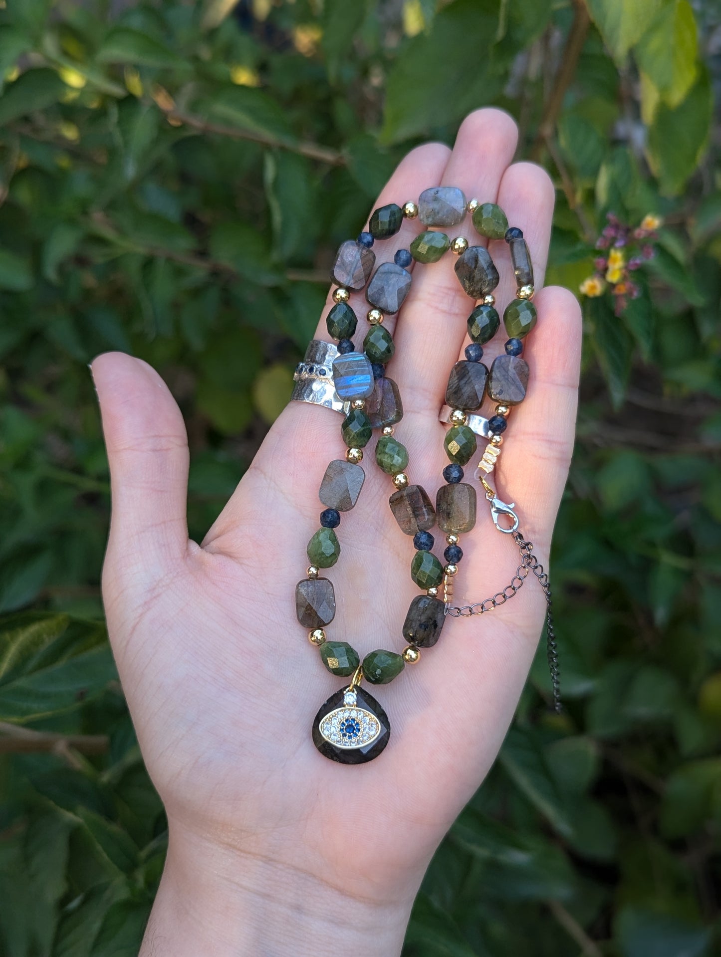 Gold Plated Evil Eye, Labradorite and Jasper Gemstones Beaded Necklace