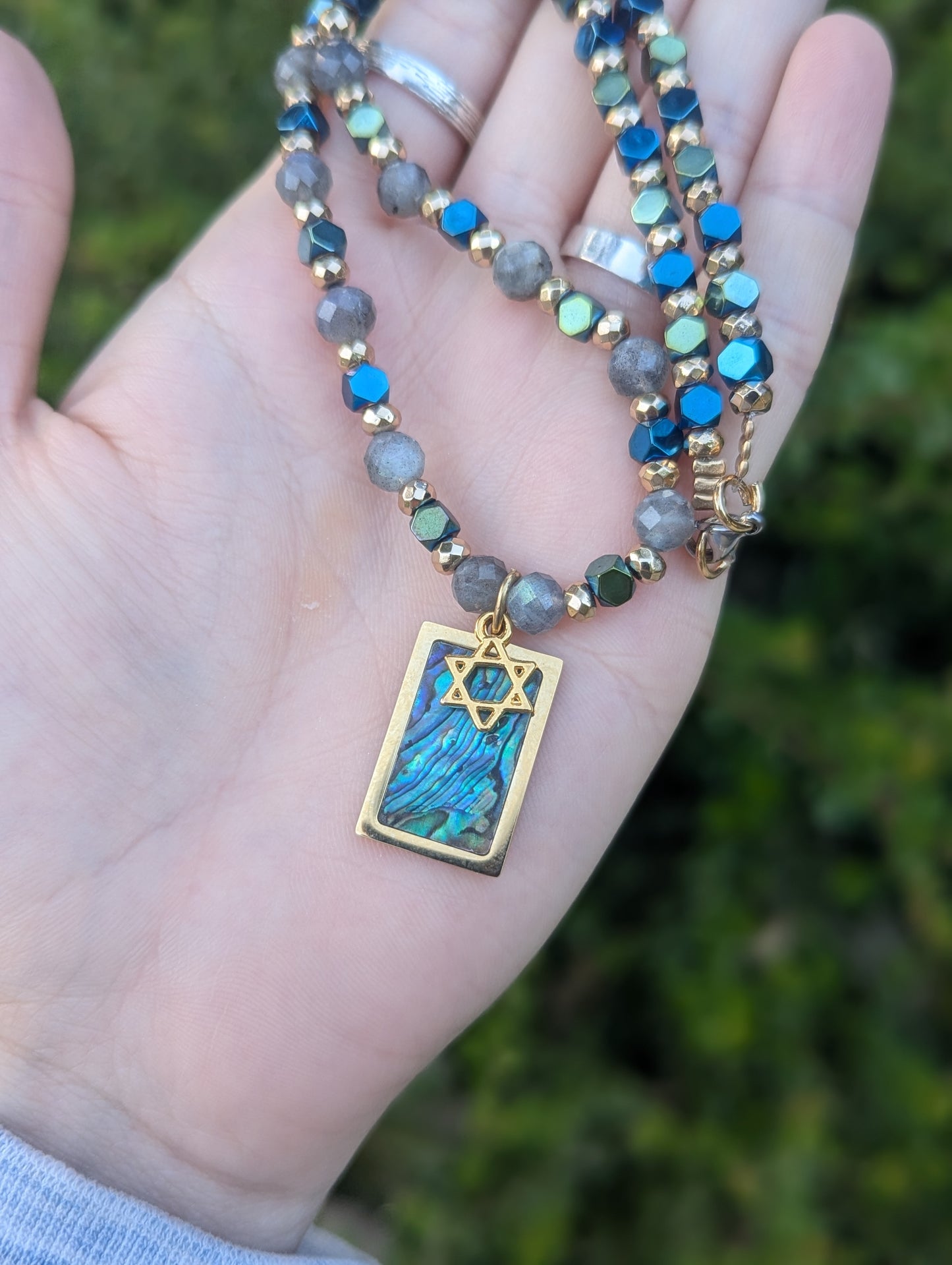 Abalone Shell Gold Plated Magen David and Labradorite Gemstones