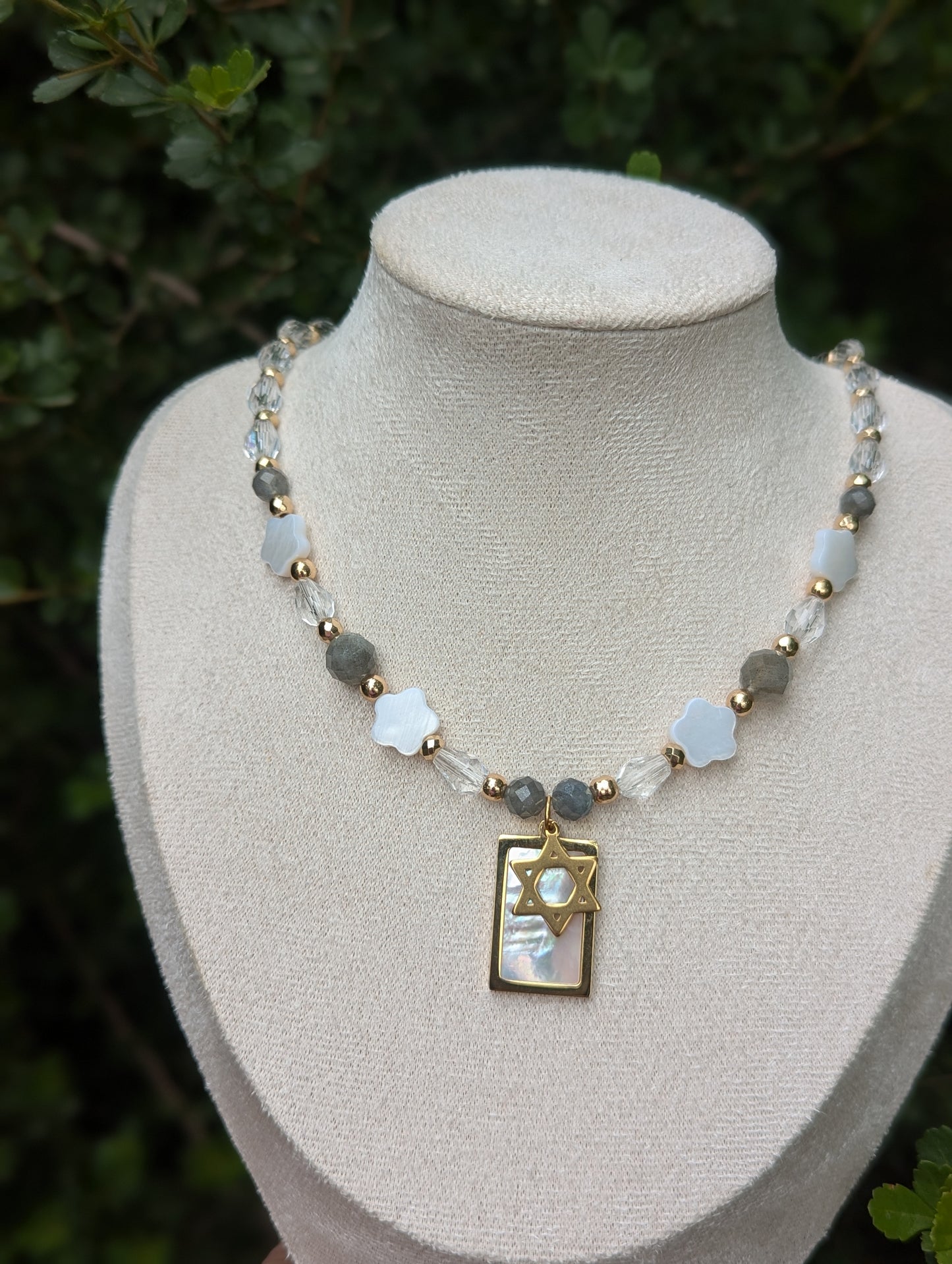 Mother of Shell Gold Plated Pendant and Flower Beads, Magen David, Labradorite Gemstones and Glass Drop Beaded Necklace