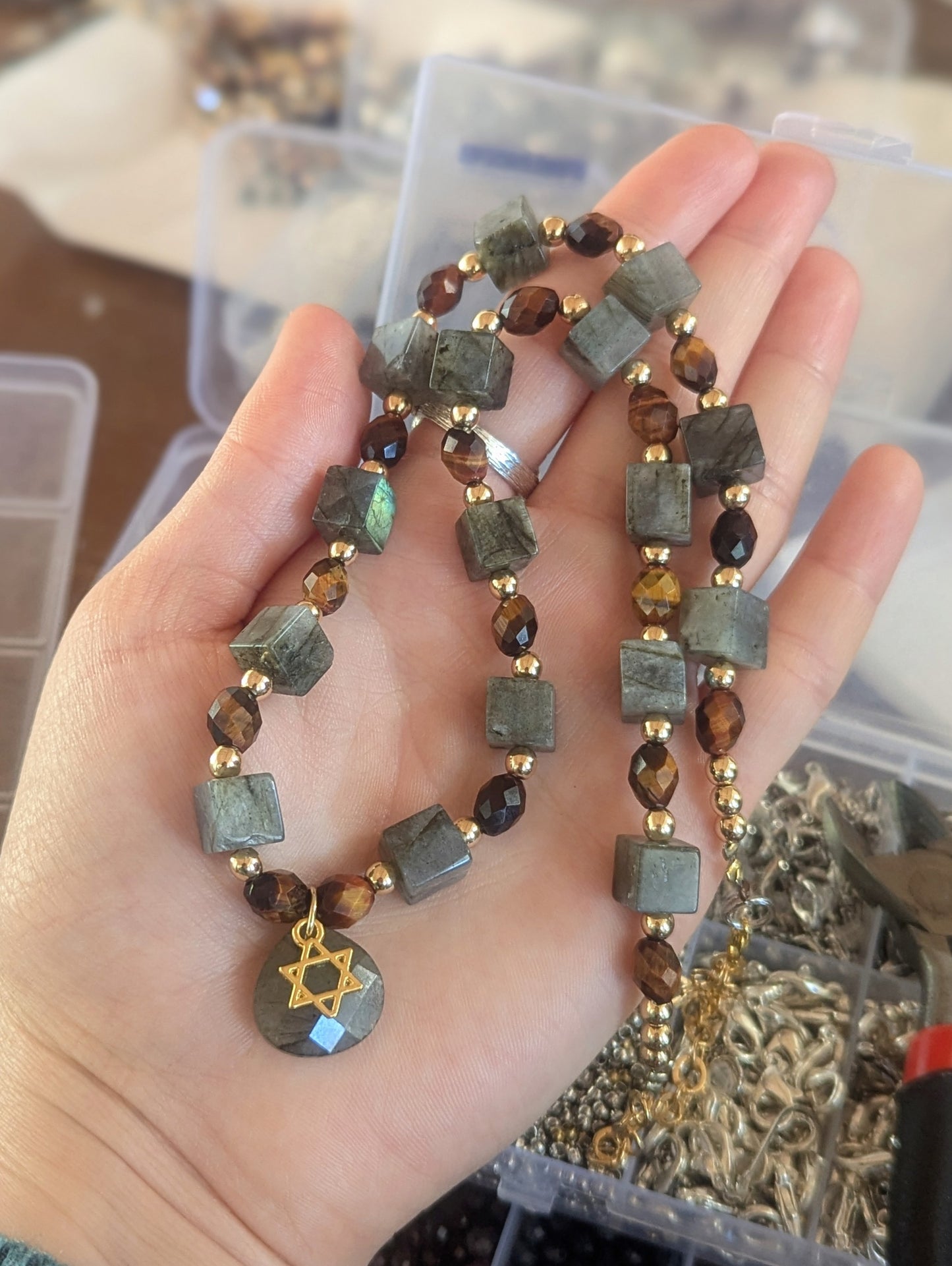 Labradorite Cubes and Tiger's Eye Star of David Necklace