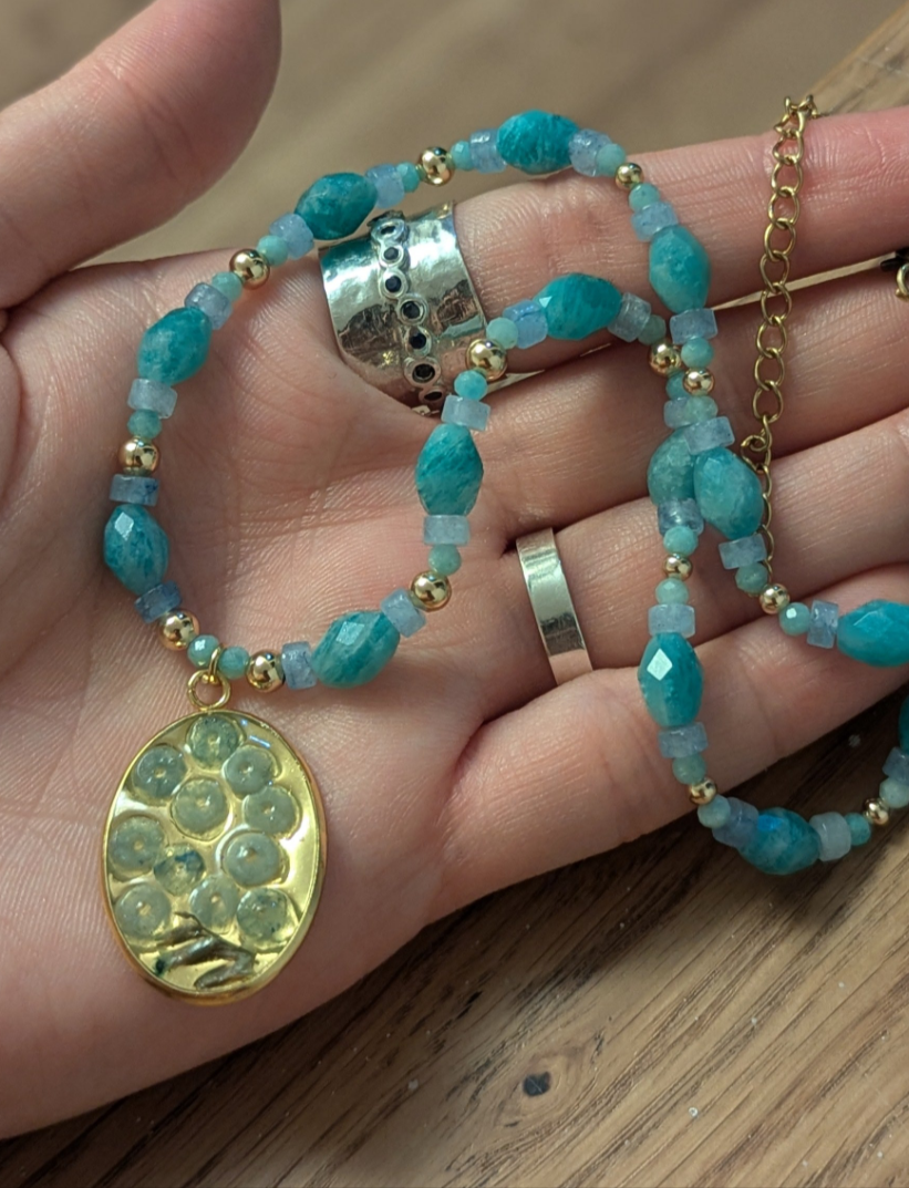 Israel Encapsulated: Aquamarine & Amazonite Necklace with Israeli Tiny Flowers and Gold Plating