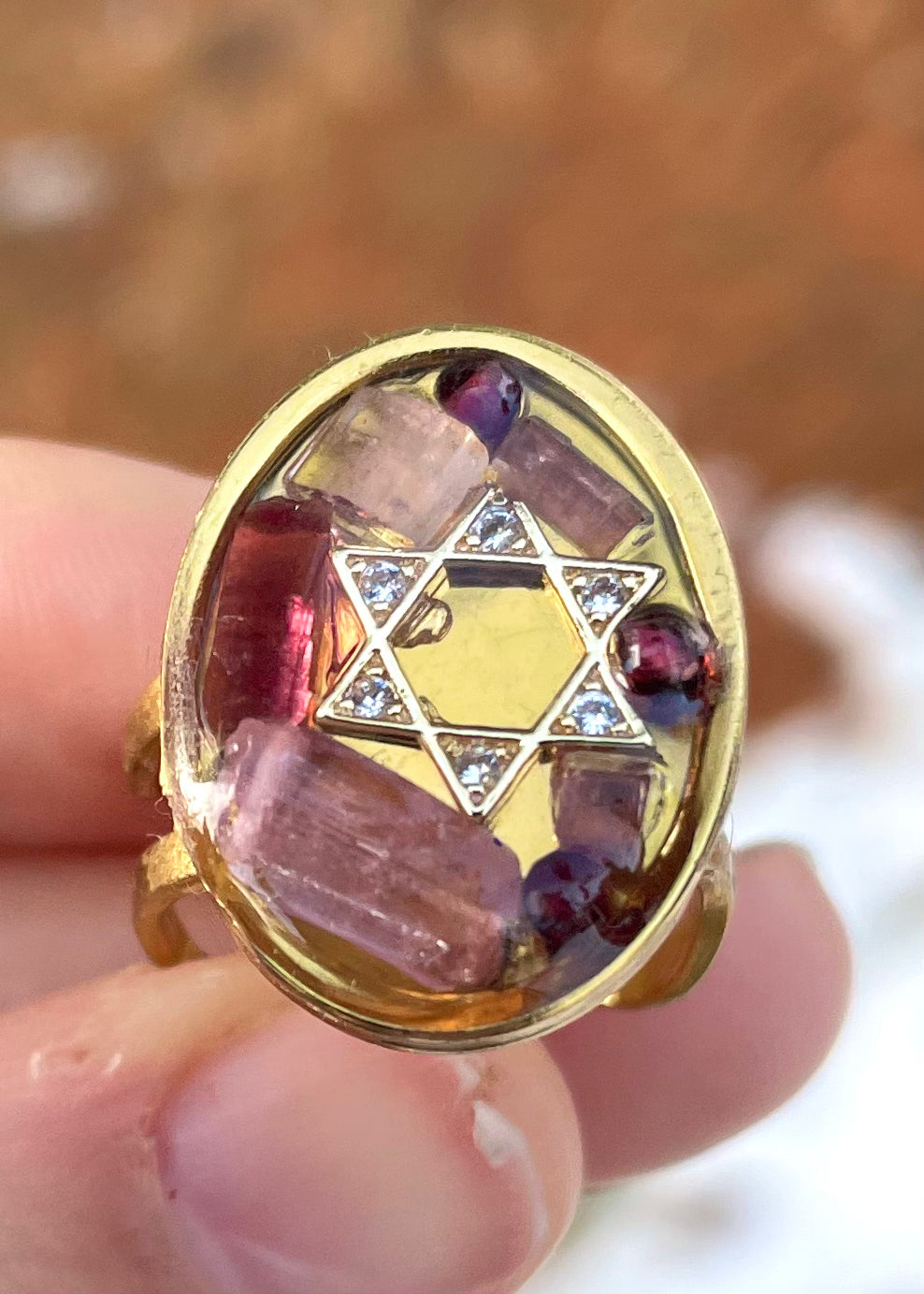 Pink Tourmaline Gemstones Magen David Ring in Gold Plated Adjustable Stainless