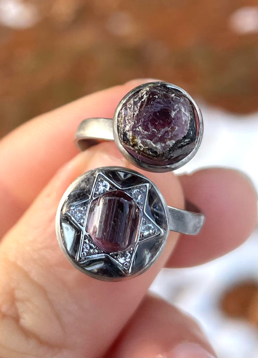 Pink Tourmaline Gemstones Magen David Ring in Adjustable Stainless Steel